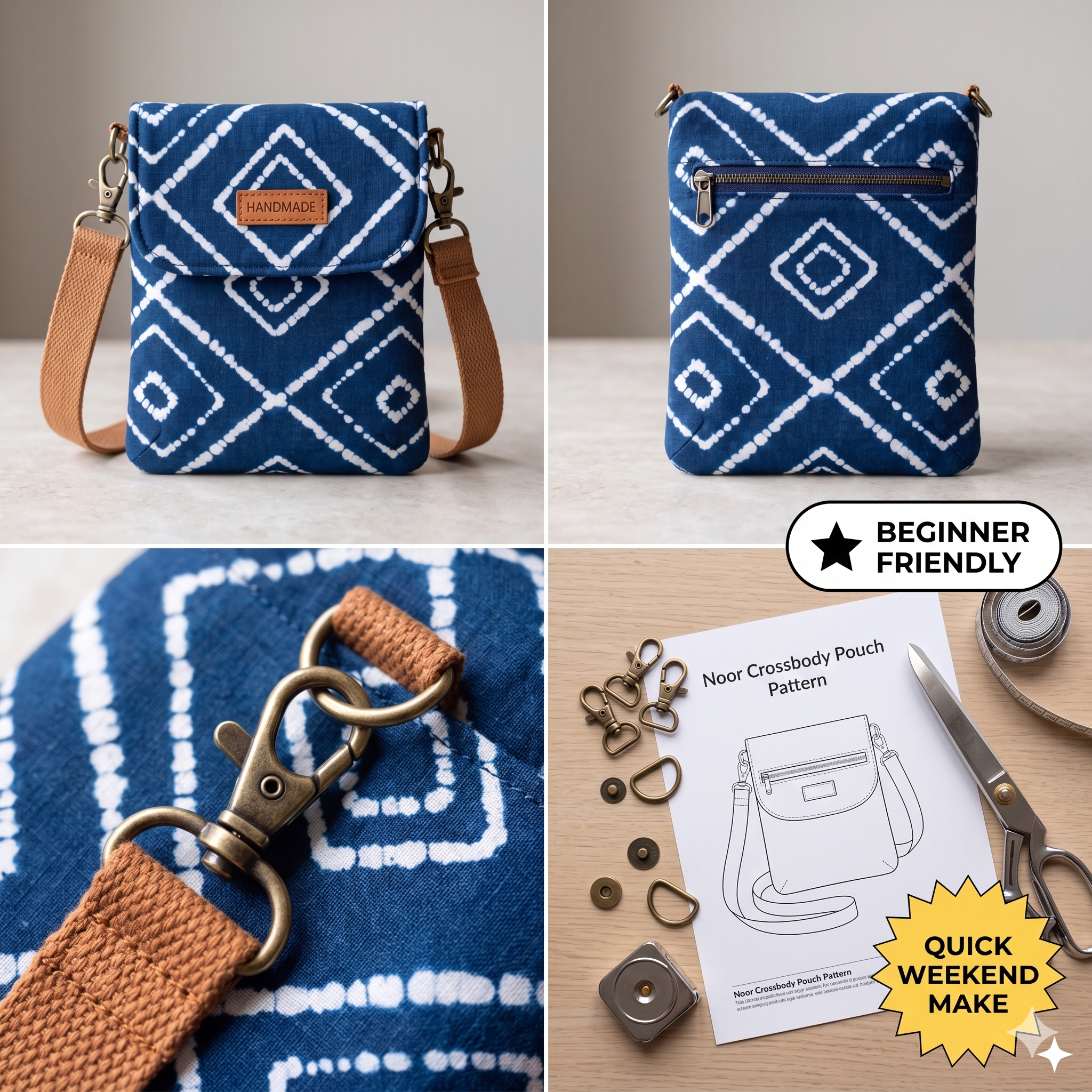 Noor Crossbody Sling Pouch PDF Sewing Pattern | Beginner Crossbody Phone Bag Tutorial | DIY Minimalist Passport Purse | Small Sling Bag Make