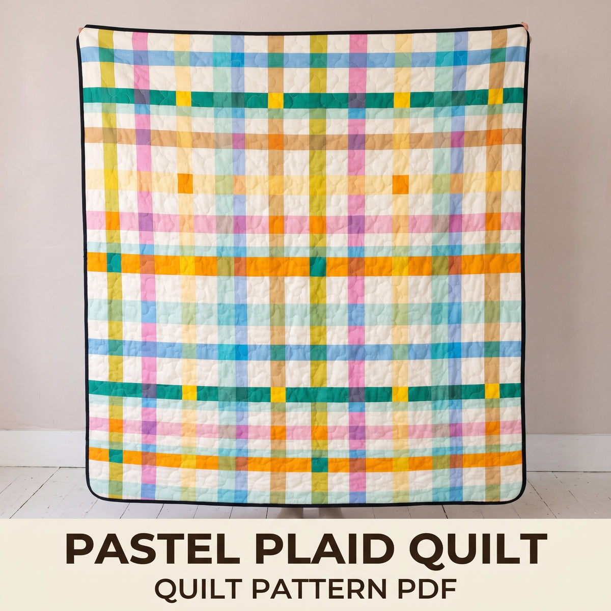 Pastel Plaid Quilt Pattern PDF, Modern Watercolor Check Quilt with Strips on Ivory, Baby Throw and Twin