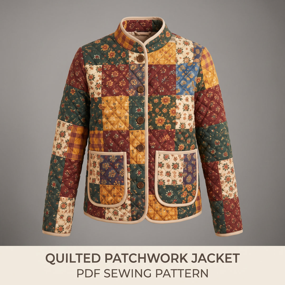 Quilted Patchwork Jacket Sewing Pattern PDF | Lined Stand Collar Jacket with Bound Edges | Sizes XS-XL | A4, Letter & A0