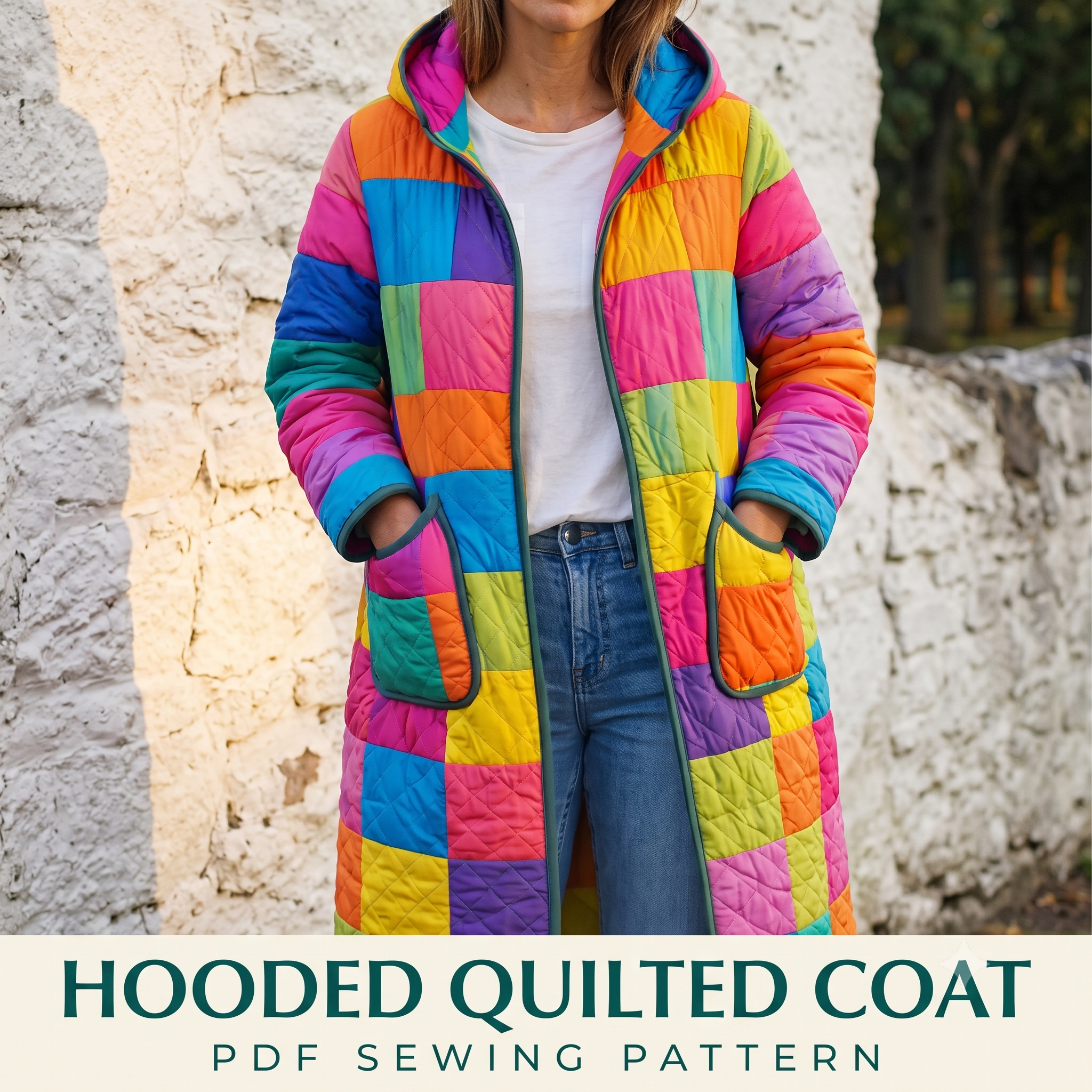 Patchwork Quilt Coat Sewing Pattern PDF | Hooded Quilted Jacket | Scrap Busting Long Coat | Instant Download