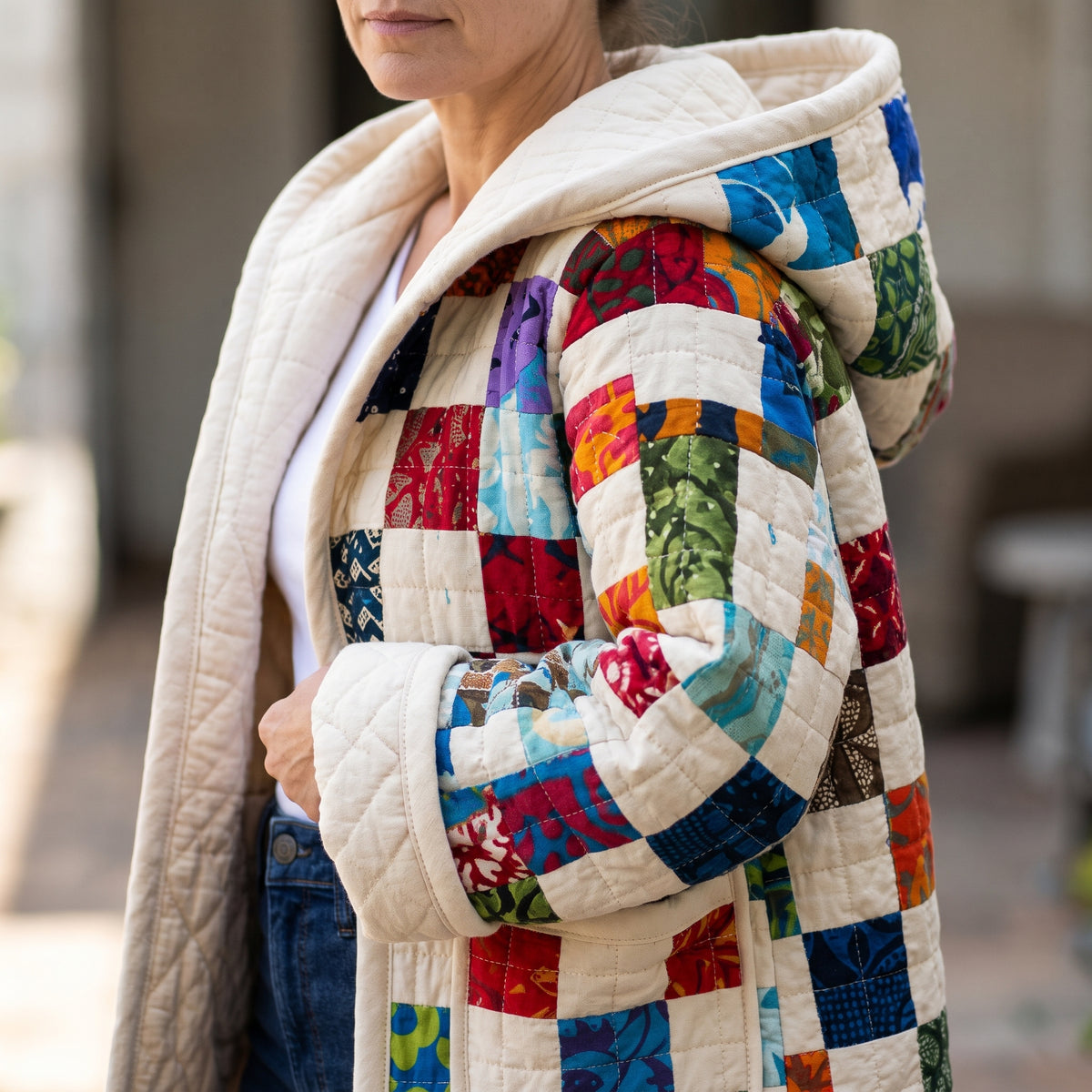Patchwork Quilted Jacket Sewing Pattern PDF, Hooded Quilt Coat with Patch Pockets, Scrap Checkerboard, Sizes XS to 3XL