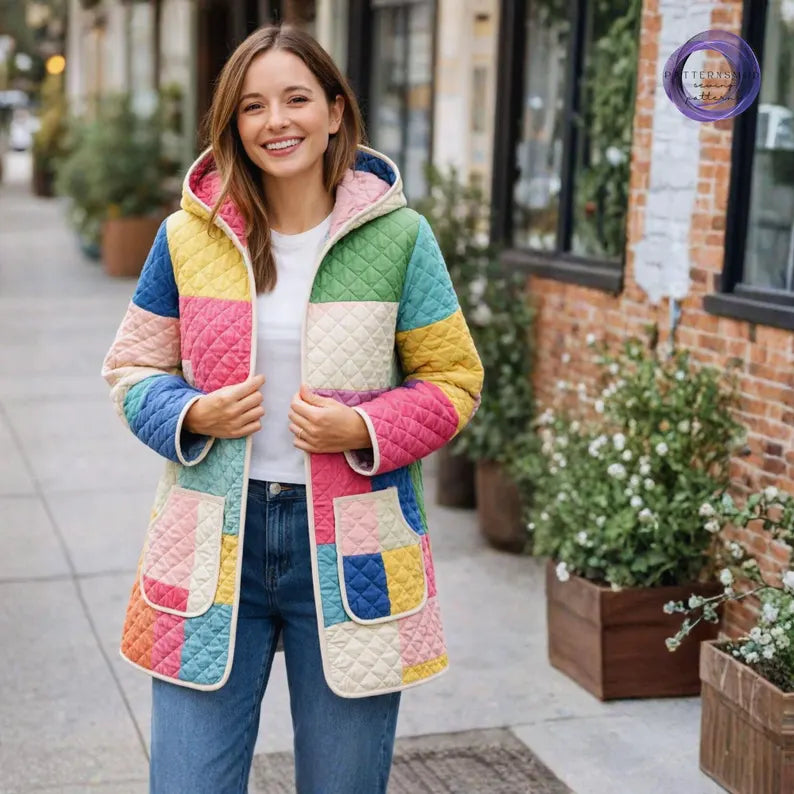 Quilted Jacket Sewing Pattern Mini Length Hooded Coat Sewing Tutorial XXS-5XL Long Sleeve Cardigan