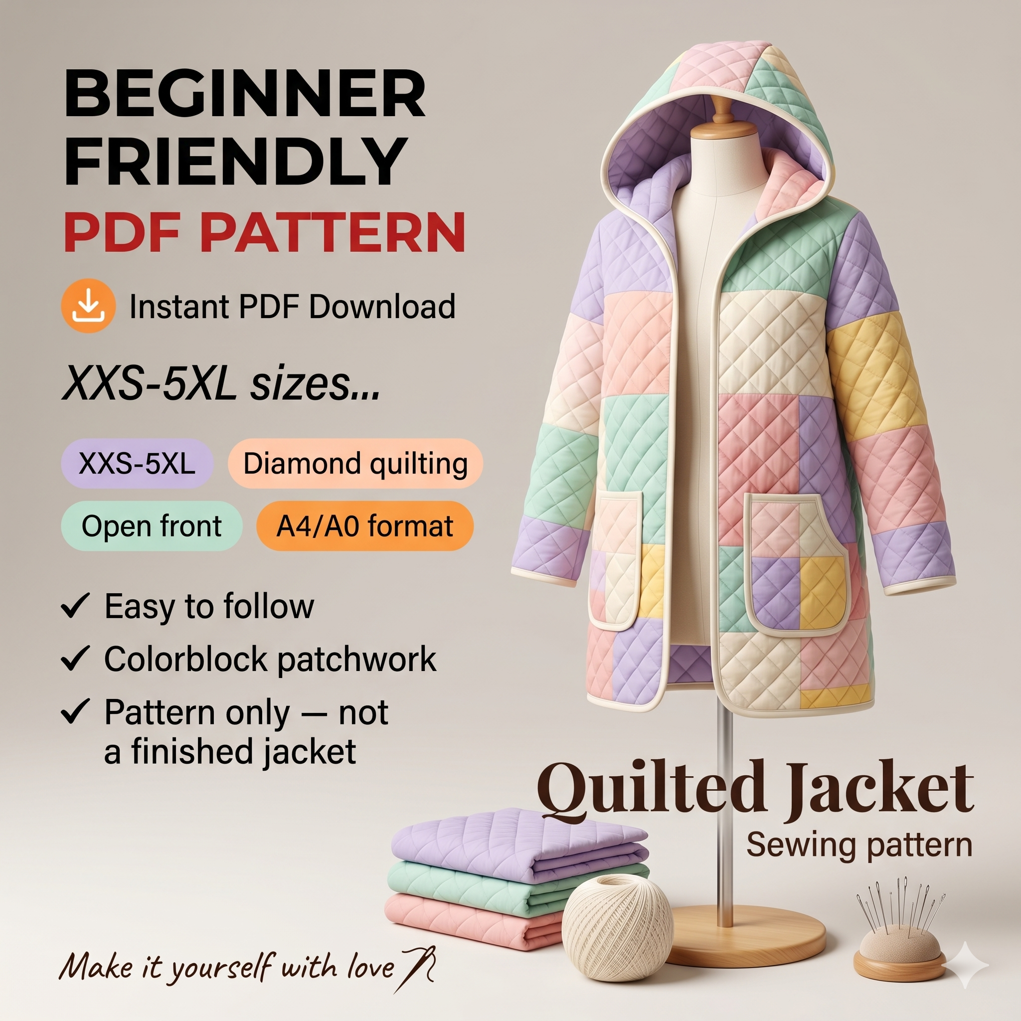 Quilted Jacket Sewing Pattern Mini Length Hooded Coat Sewing Tutorial XXS-5XL Long Sleeve Cardigan