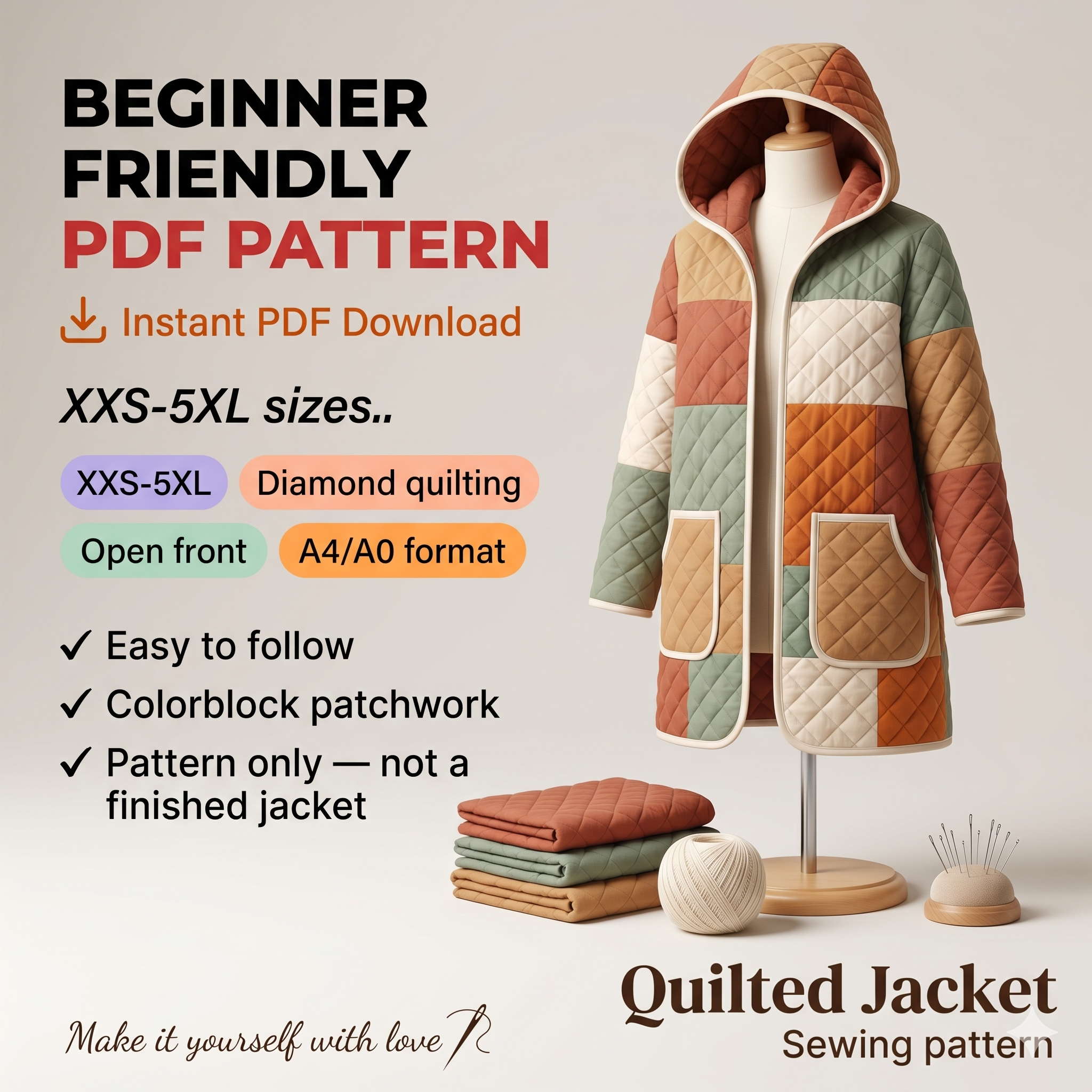 Quilted Jacket Sewing Pattern Mini Length Hooded Coat Sewing Tutorial XXS-5XL Long Sleeve Cardigan