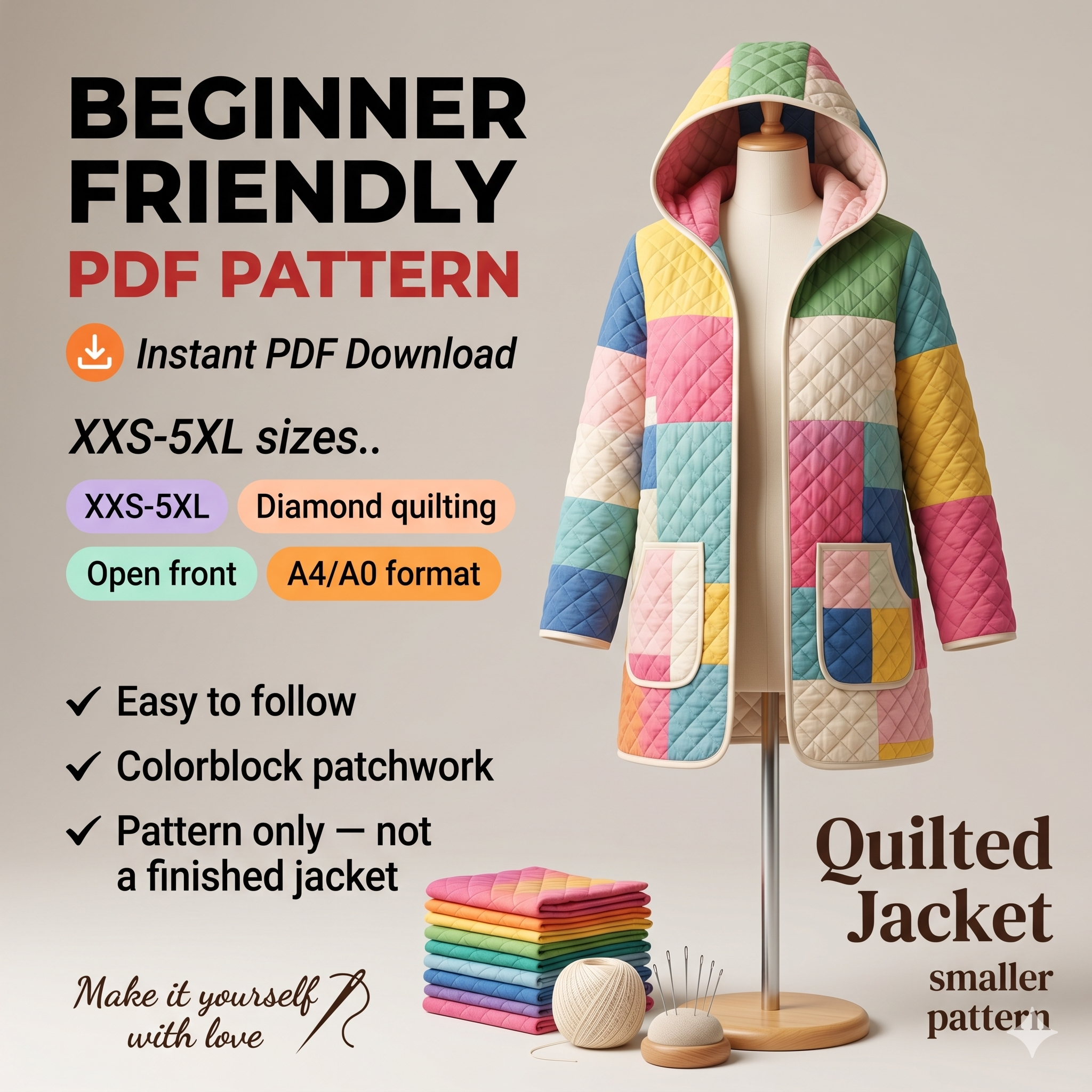 Quilted Jacket Sewing Pattern Mini Length Hooded Coat Sewing Tutorial XXS-5XL Long Sleeve Cardigan