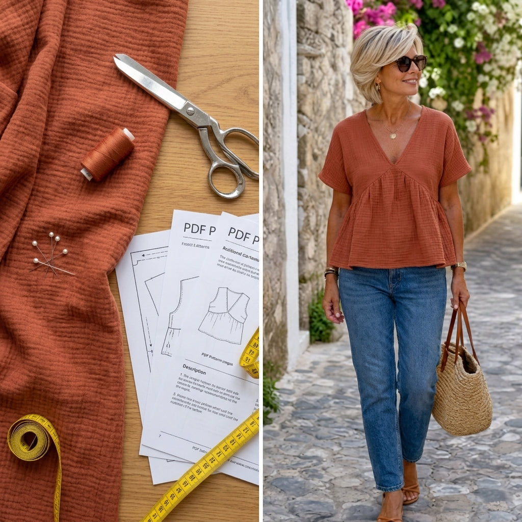 Peplum Top Sewing Pattern PDF | V-Neck Batwing Blouse Pattern for Women, Flared Sleeve Linen Top, Beginner, Sizes XS-3XL, Instant Download