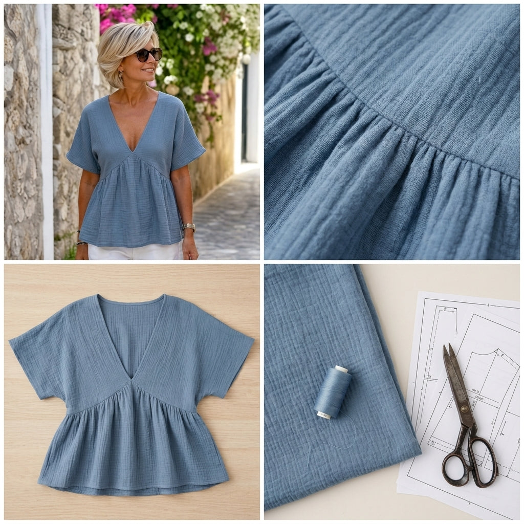 Peplum Top Sewing Pattern PDF | V-Neck Batwing Blouse Pattern for Women, Flared Sleeve Linen Top, Beginner, Sizes XS-3XL, Instant Download