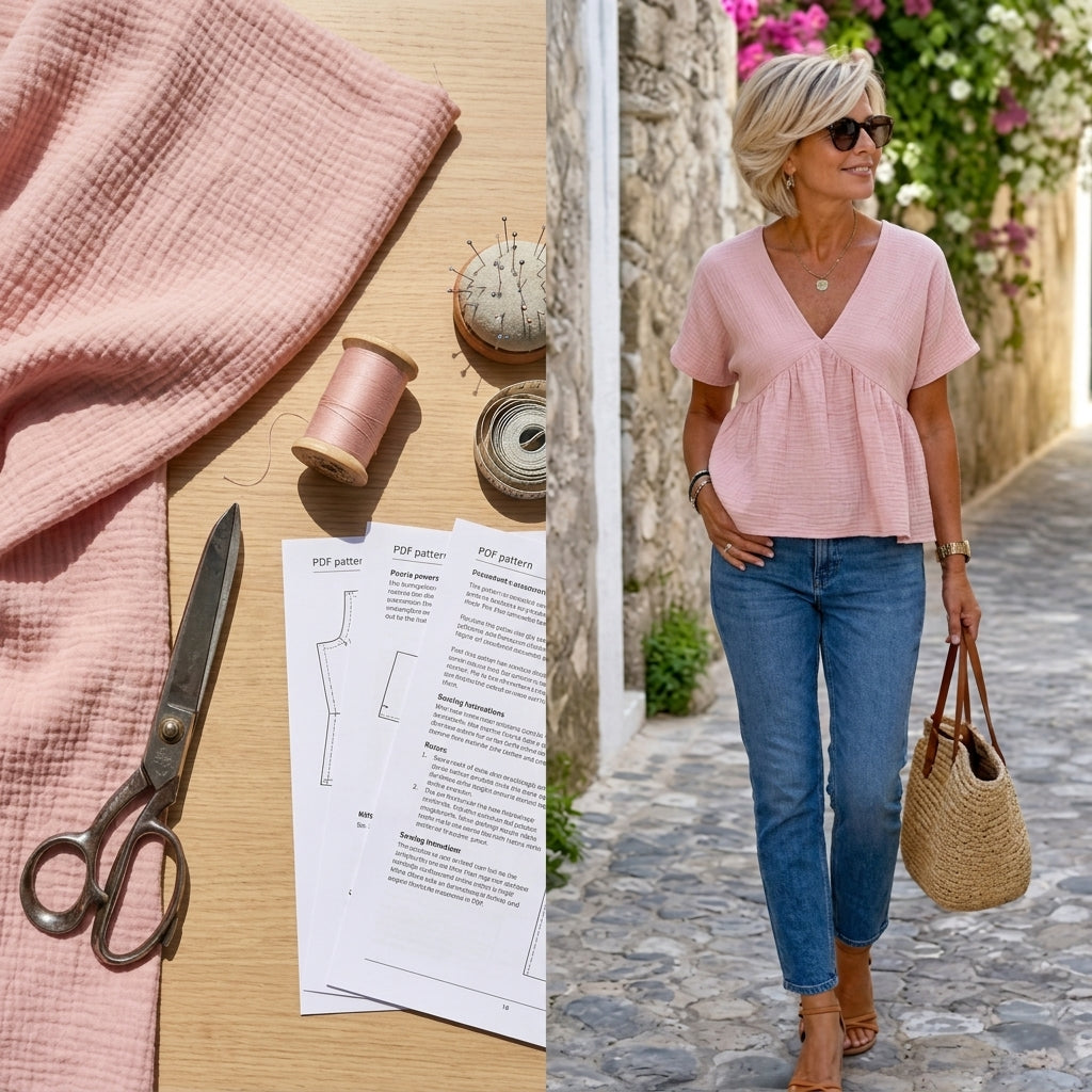 Peplum Top Sewing Pattern PDF | V-Neck Batwing Blouse Pattern for Women, Flared Sleeve Linen Top, Beginner, Sizes XS-3XL, Instant Download