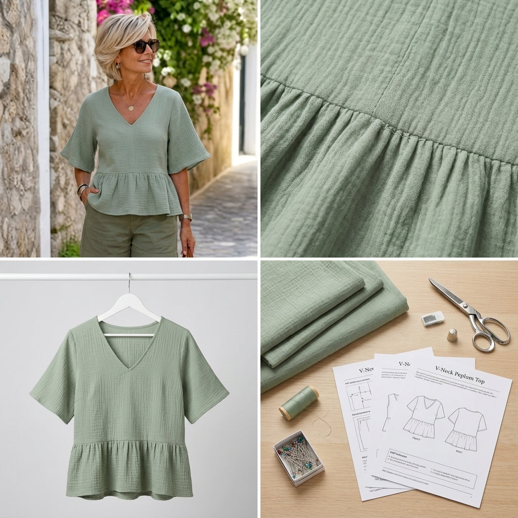 Peplum Top Sewing Pattern PDF | V-Neck Batwing Blouse Pattern for Women, Flared Sleeve Linen Top, Beginner, Sizes XS-3XL, Instant Download