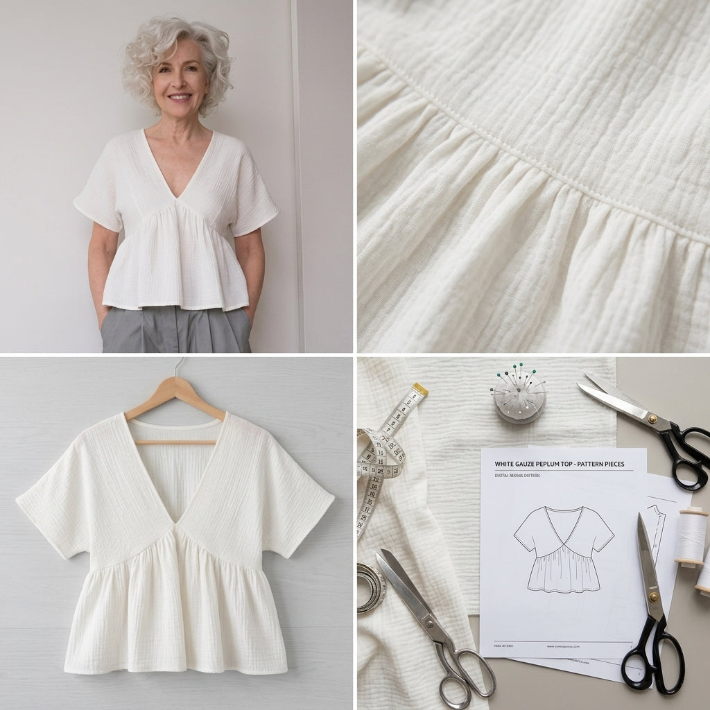 Peplum Top Sewing Pattern PDF | V-Neck Batwing Blouse Pattern for Women, Flared Sleeve Linen Top, Beginner, Sizes XS-3XL, Instant Download