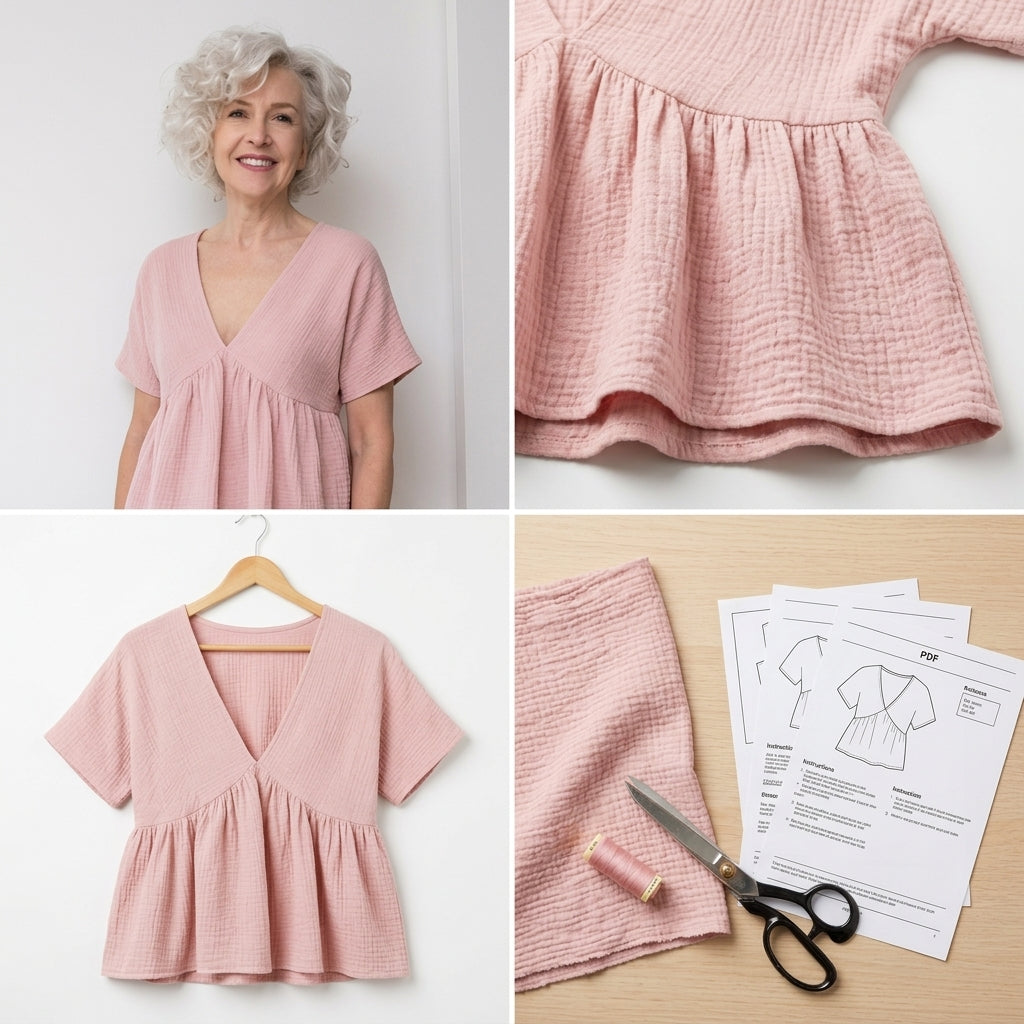 Peplum Top Sewing Pattern PDF | V-Neck Batwing Blouse Pattern for Women, Flared Sleeve Linen Top, Beginner, Sizes XS-3XL, Instant Download