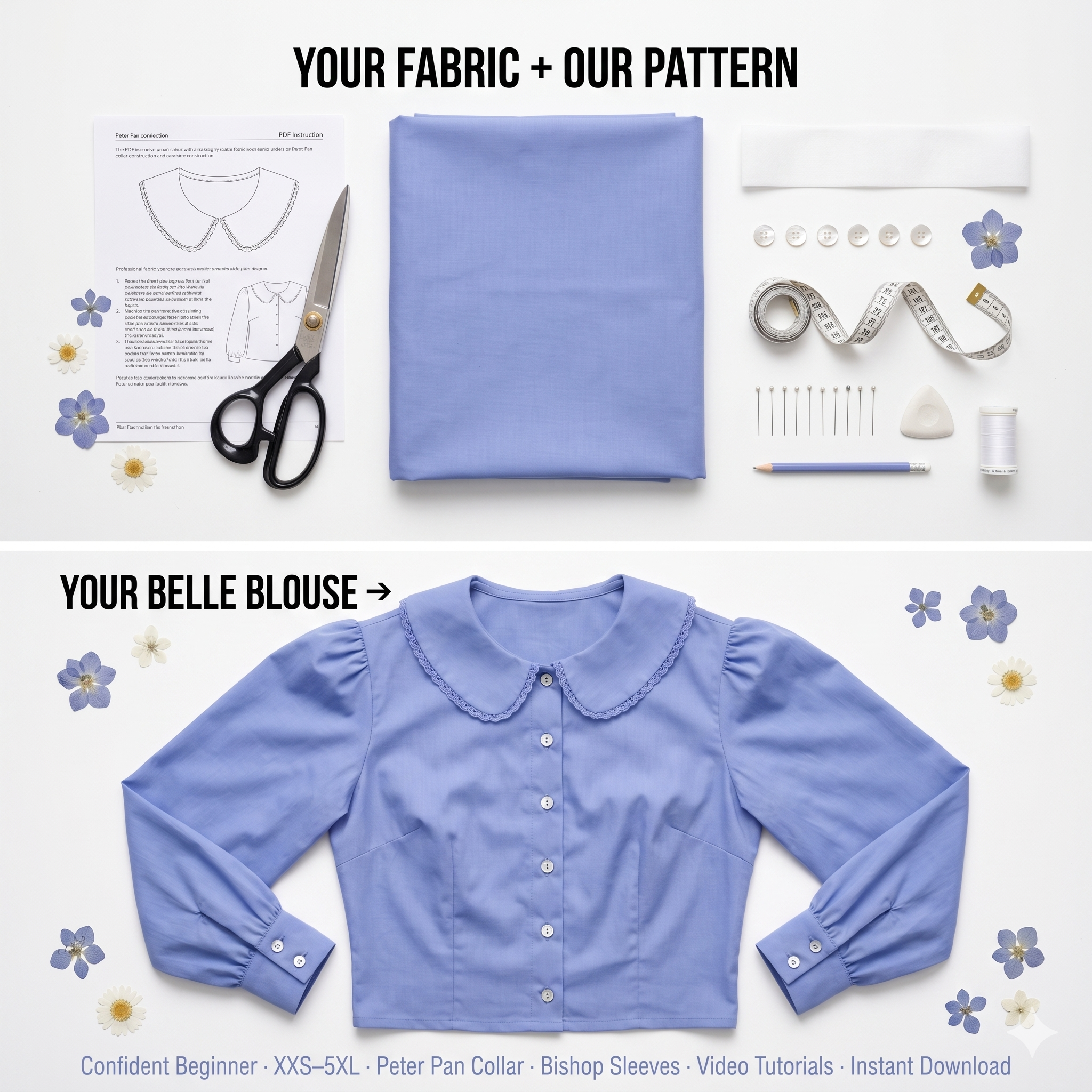 Peter Pan Collar Button-Down Blouse Sewing Pattern – Bishop Sleeves, Front Placket (PDF Download)