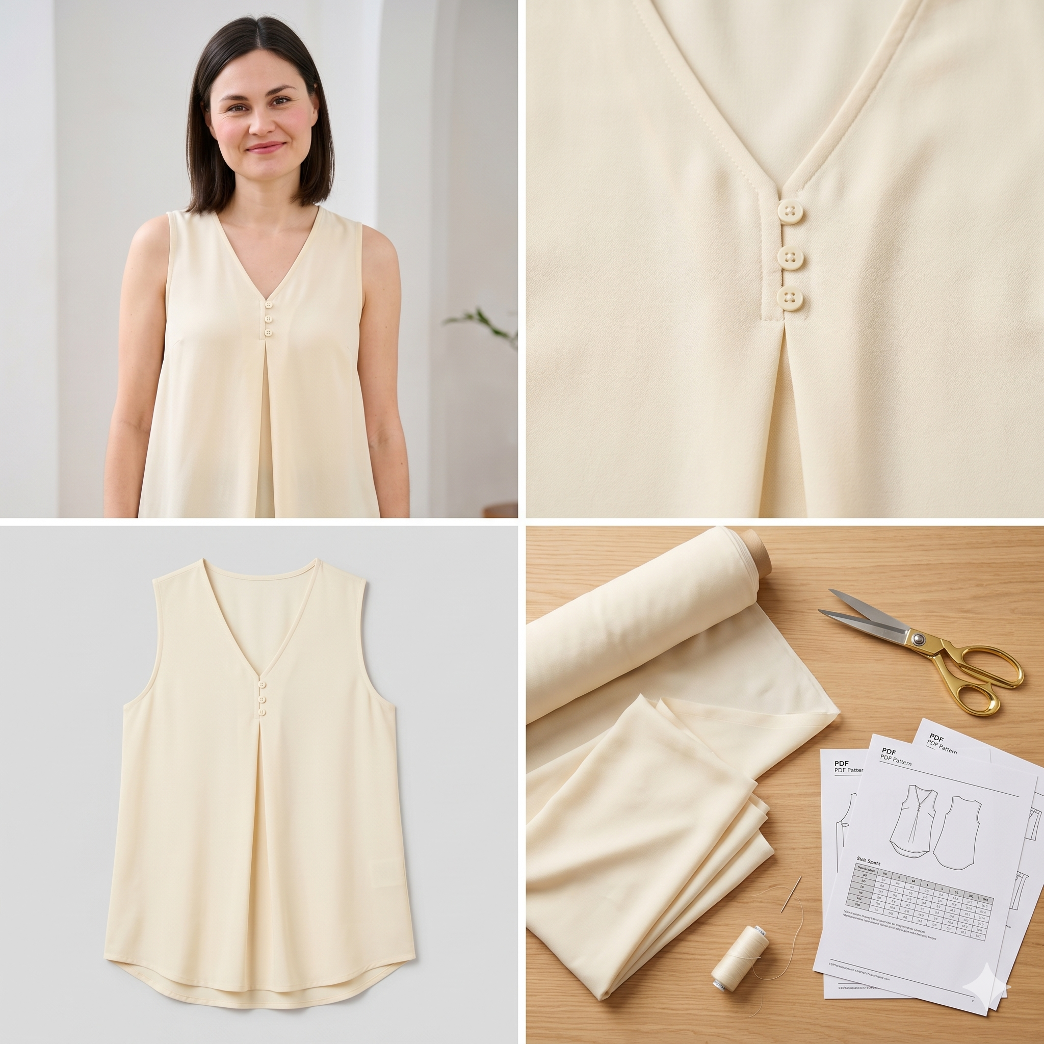 Pleated Front Sleeveless Top — Sewing Pattern (PDF) | V-Neck Summer Blouse