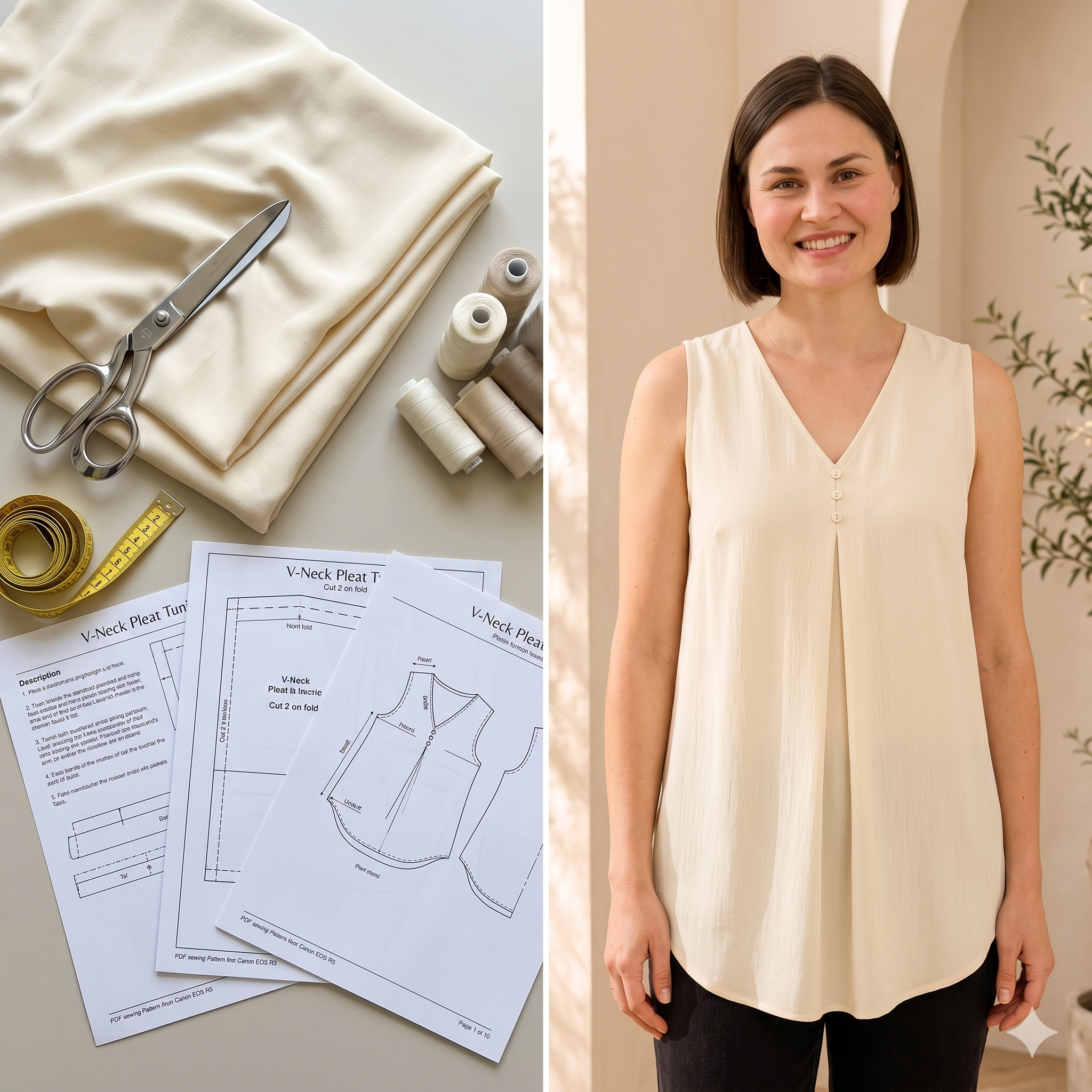Pleated Front Sleeveless Top — Sewing Pattern (PDF) | V-Neck Summer Blouse