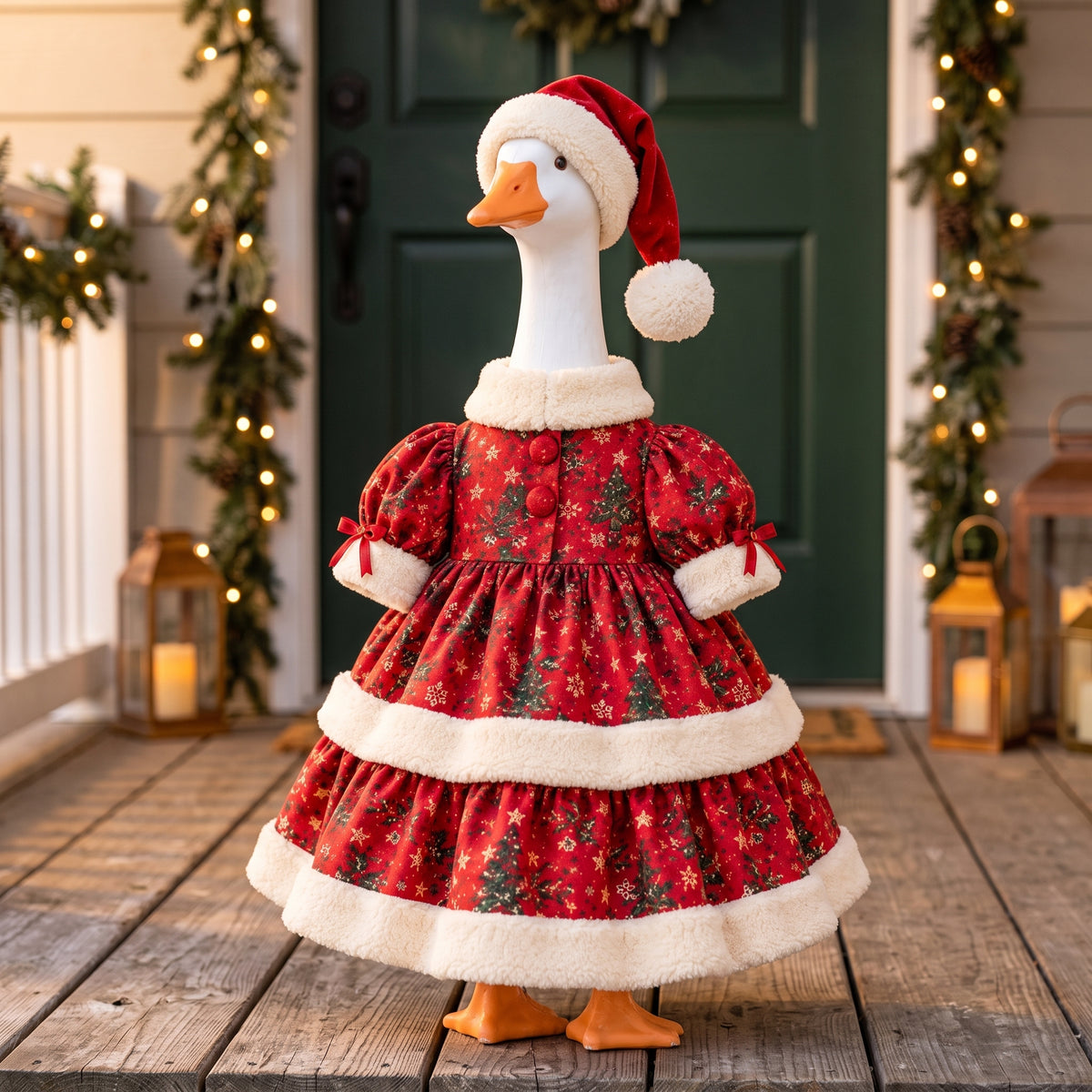 Porch Goose Clothes Pattern, Christmas Tiered Dress with Plush Trim and Santa Hat, PDF US Letter & A4