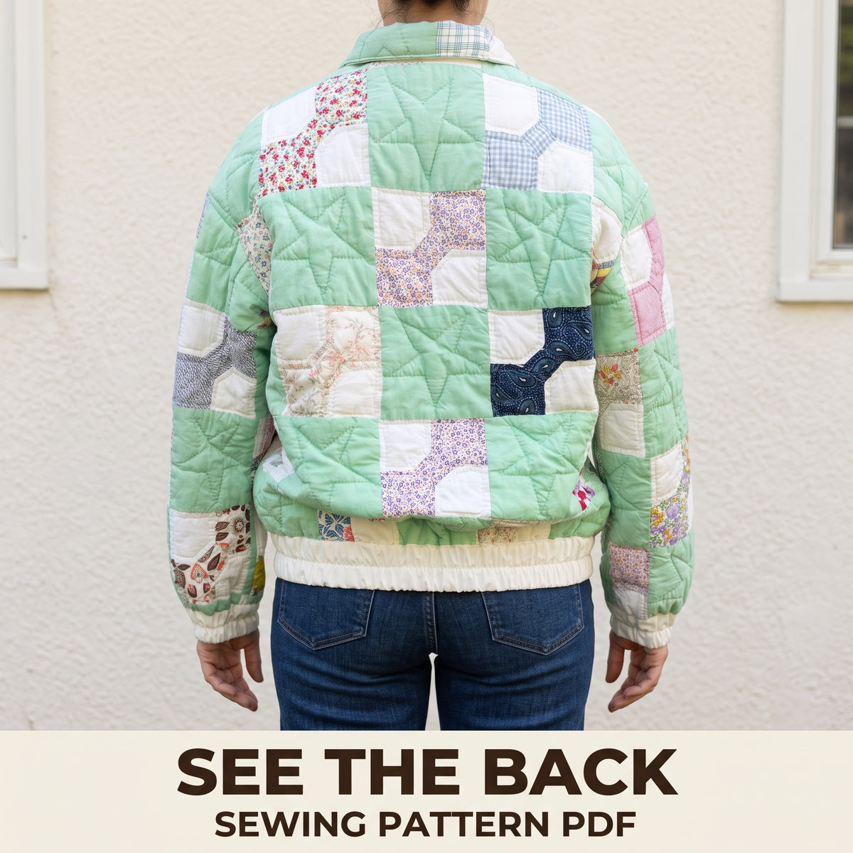 Quilt Bomber Jacket Sewing Pattern PDF, Oversized Zip Jacket from a Vintage Bowtie Quilt, Elastic Hem and Cuffs, XS–3XL