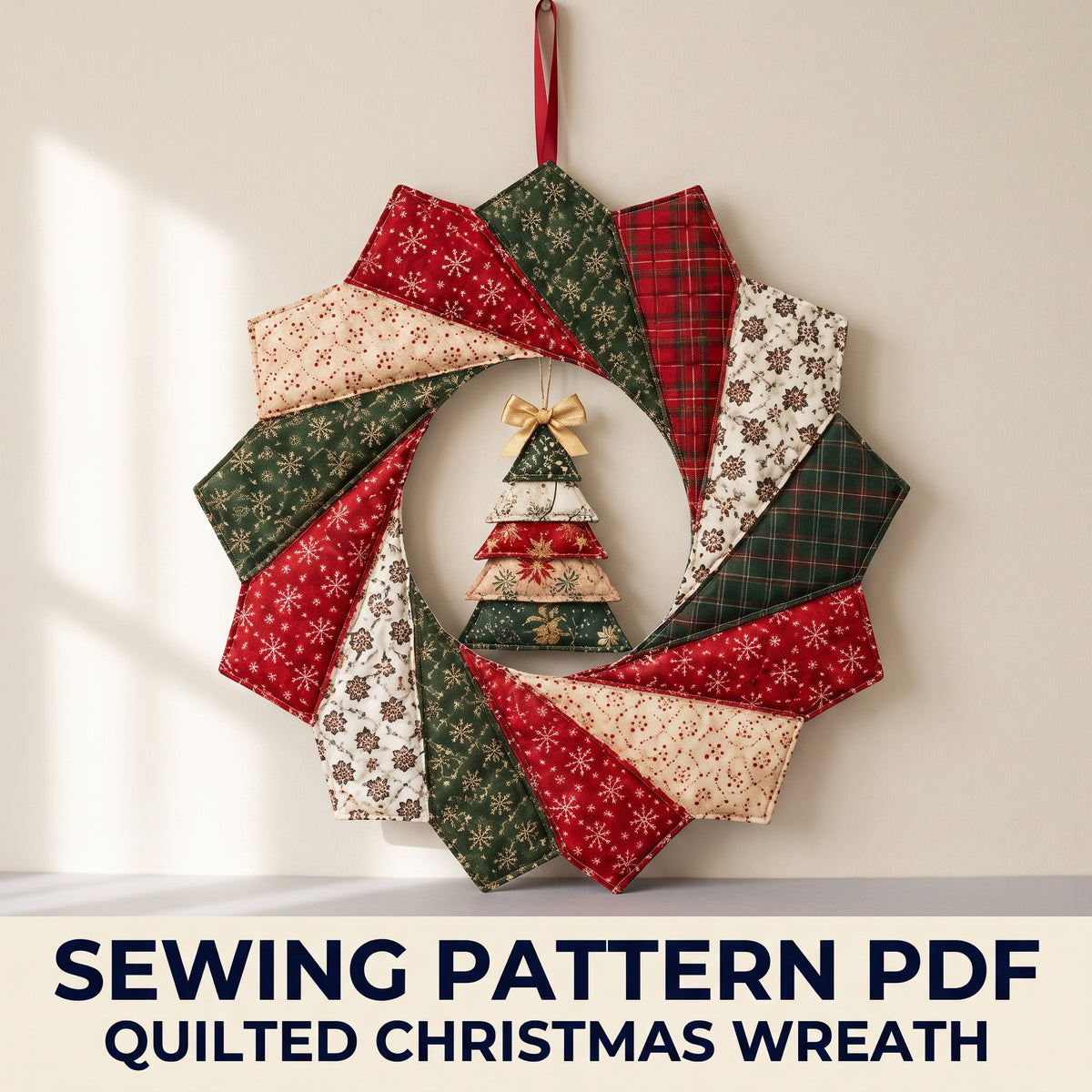 Quilted Christmas Wreath Sewing Pattern PDF – Folded Fabric Petals with Mini Patchwork Tree, 20 inch Door Hanger