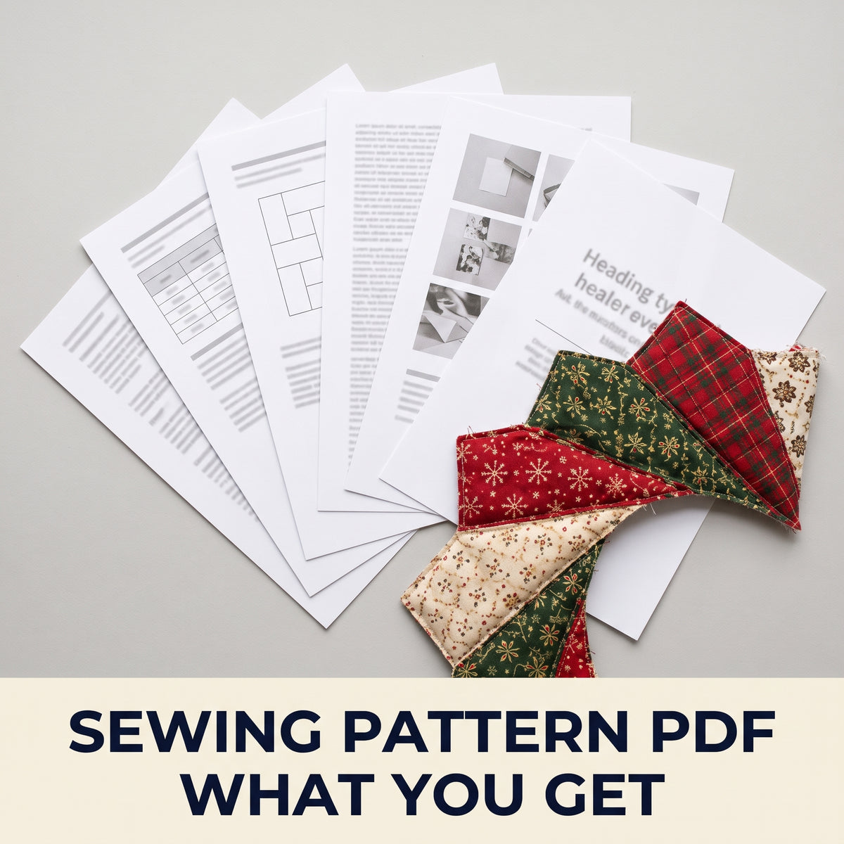 Quilted Christmas Wreath Sewing Pattern PDF – Folded Fabric Petals with Mini Patchwork Tree, 20 inch Door Hanger