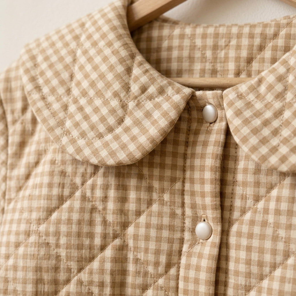 Quilted Gingham Jacket Sewing Pattern PDF – Big Round Collar, Diamond Quilting, Patch Pockets, XS to XL