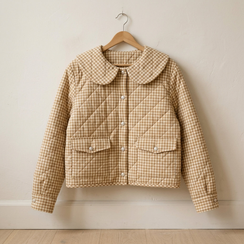 Quilted Gingham Jacket Sewing Pattern PDF – Big Round Collar, Diamond Quilting, Patch Pockets, XS to XL