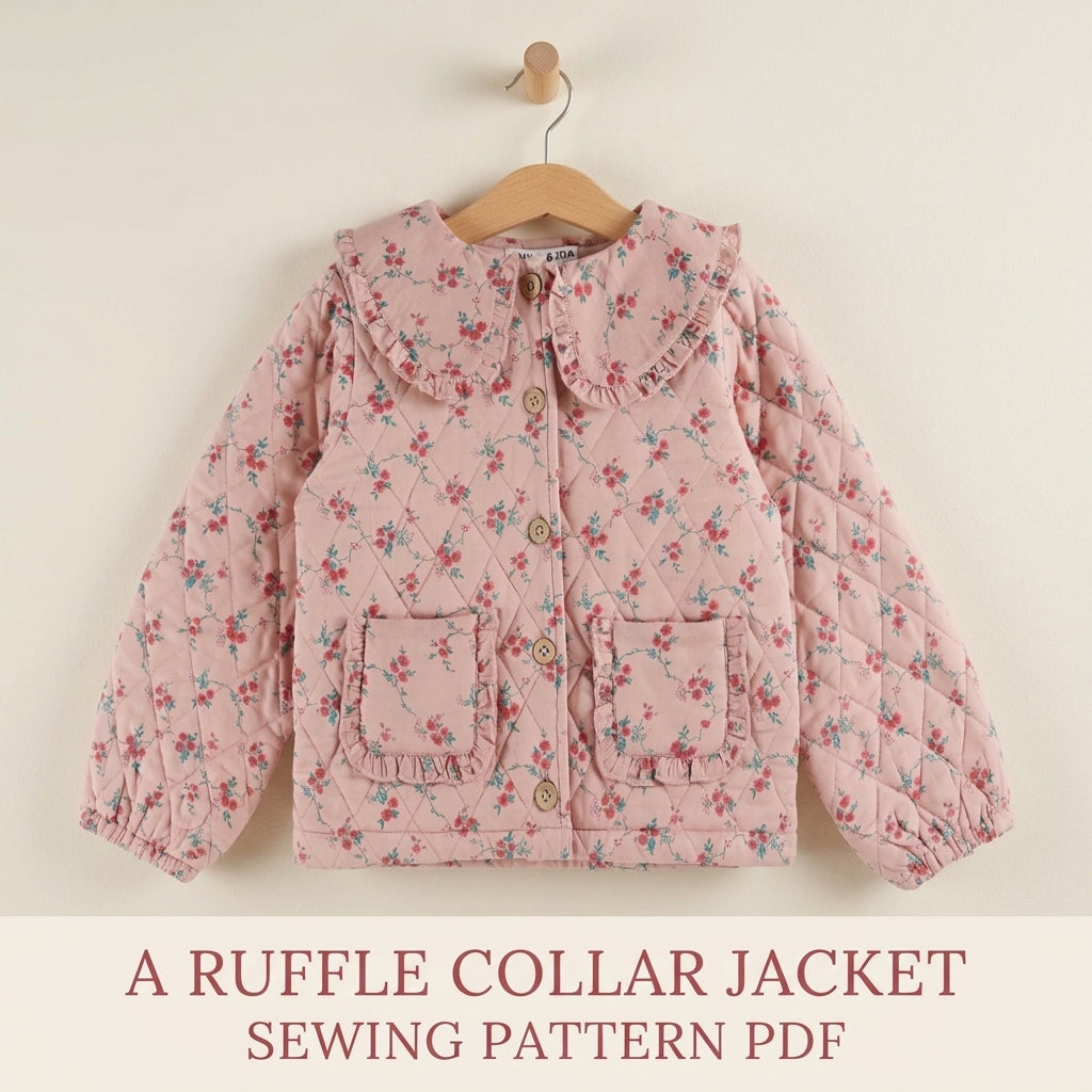 Girls Quilted Jacket Sewing Pattern PDF – Ruffle Collar Floral Jacket