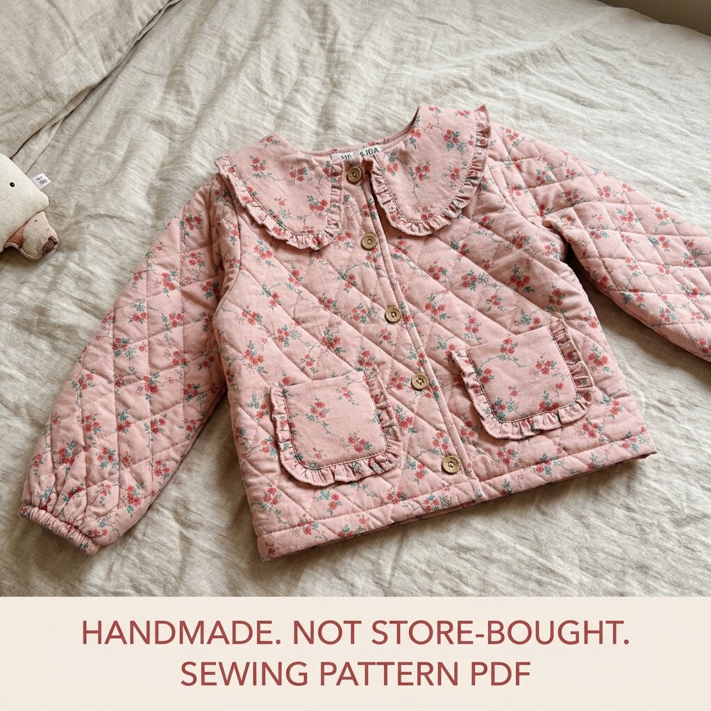 Girls Quilted Jacket Sewing Pattern PDF – Ruffle Collar Floral Jacket