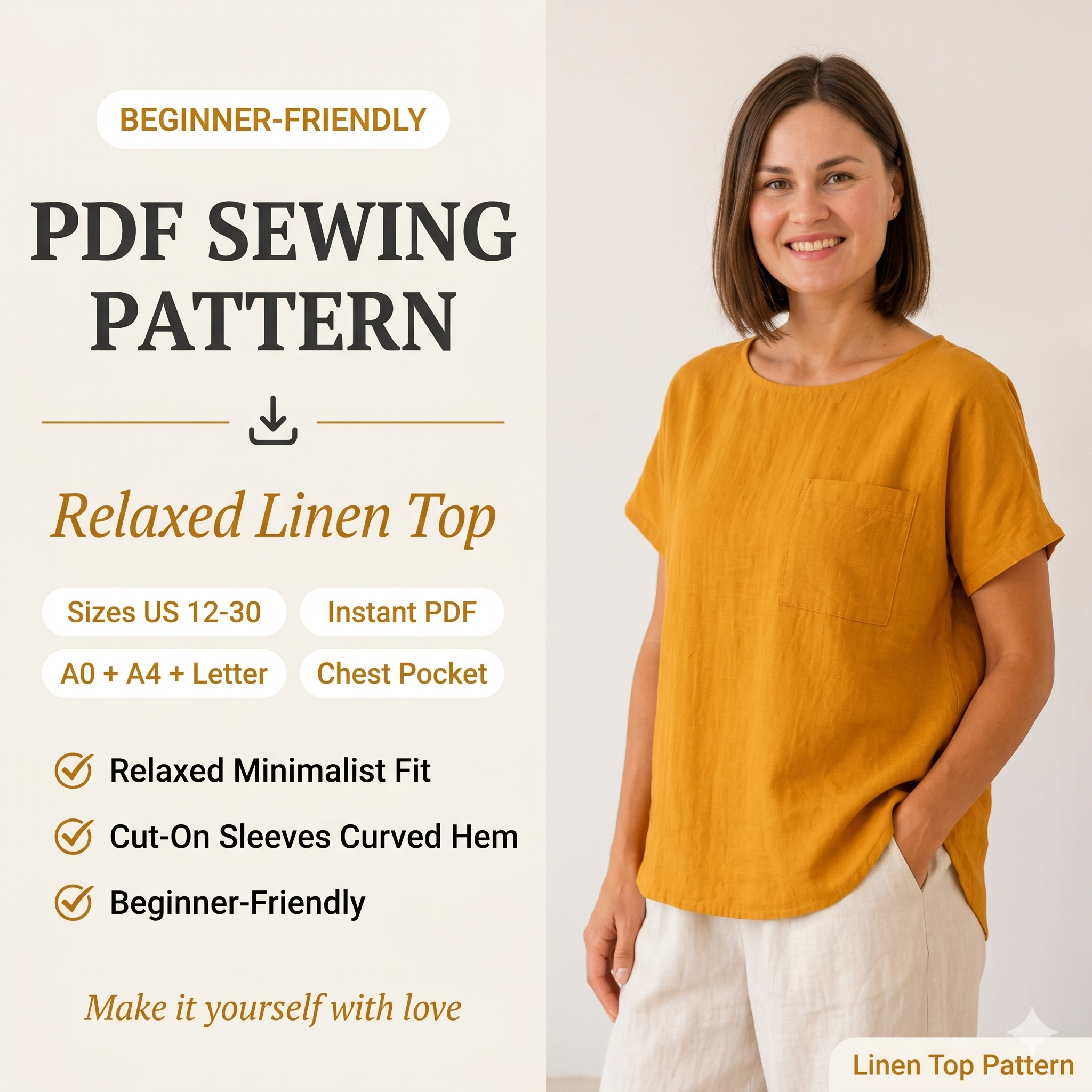 Summer Top Sewing Pattern PDF | Relaxed Linen Blouse Pattern for Women | Easy Beginner Sewing | A0 A4 Copy Shop | Sizes 12-30