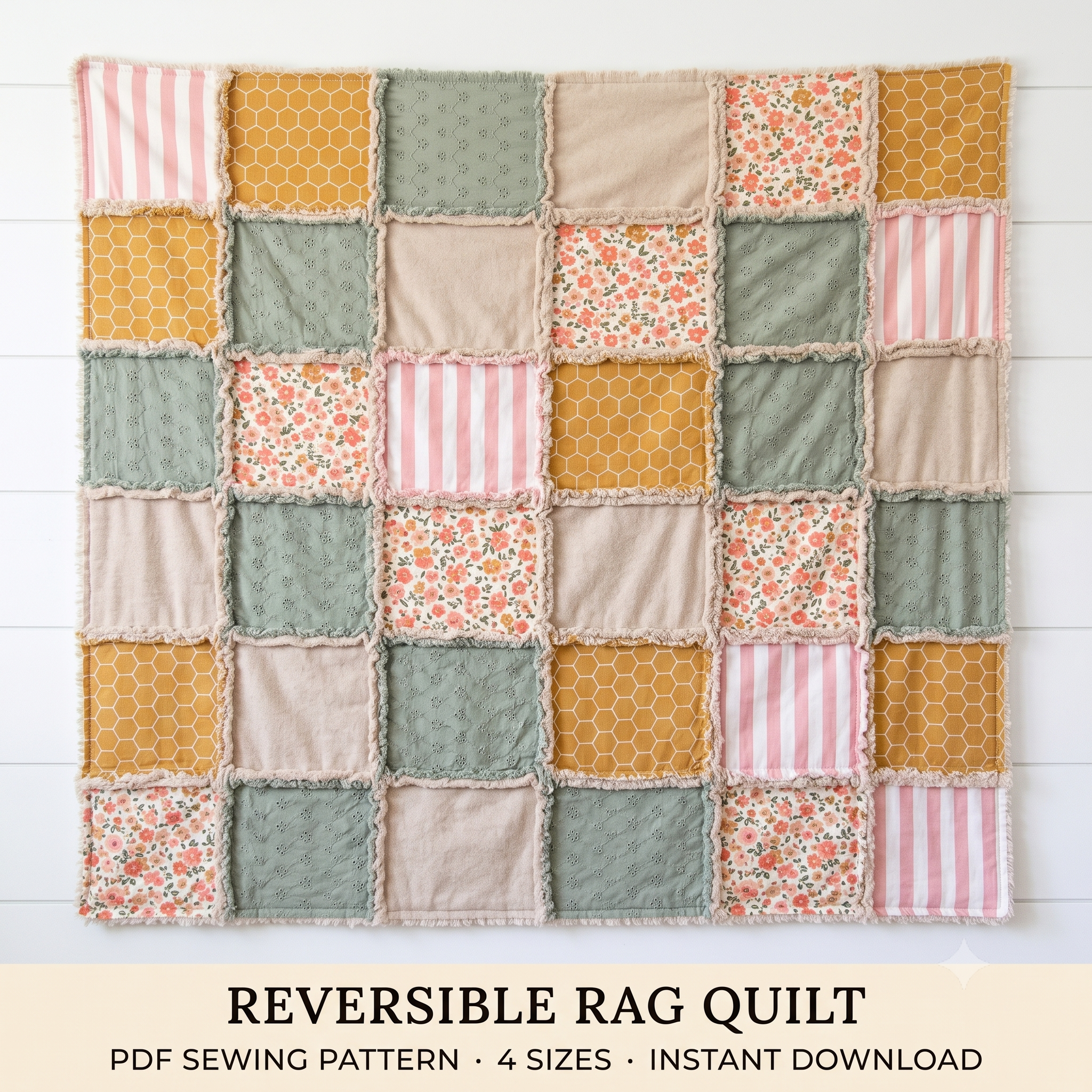 Reversible Rag Quilt Sewing Pattern PDF | Beginner Rag Quilt Tutorial | Baby Quilt Pattern | Instant Download | 4 Sizes Included