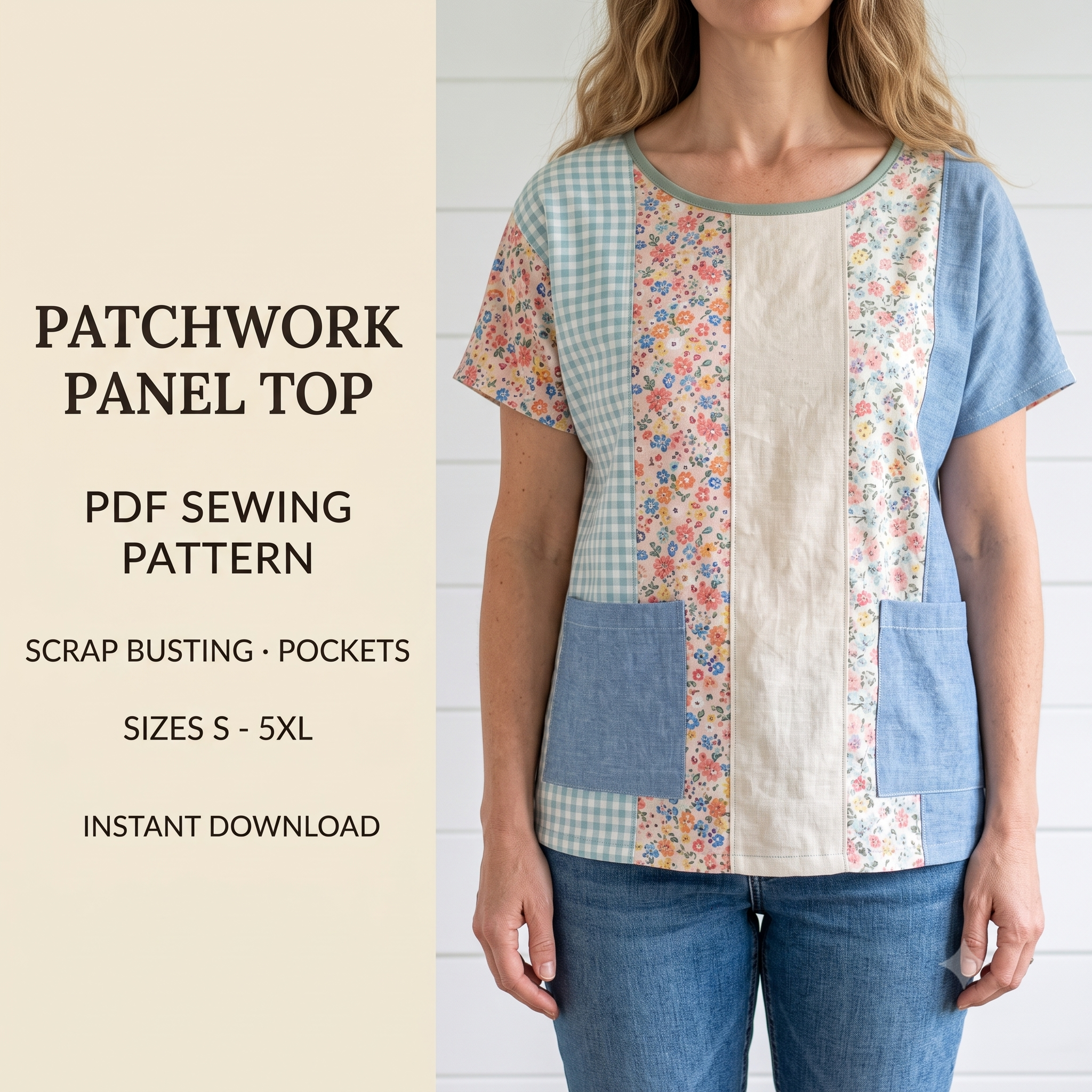 Scrap Buster Top Sewing Pattern PDF, Patchwork Panel Blouse with Pockets, Dolman Sleeve Top, Plus Size S-5XL, Instant Download