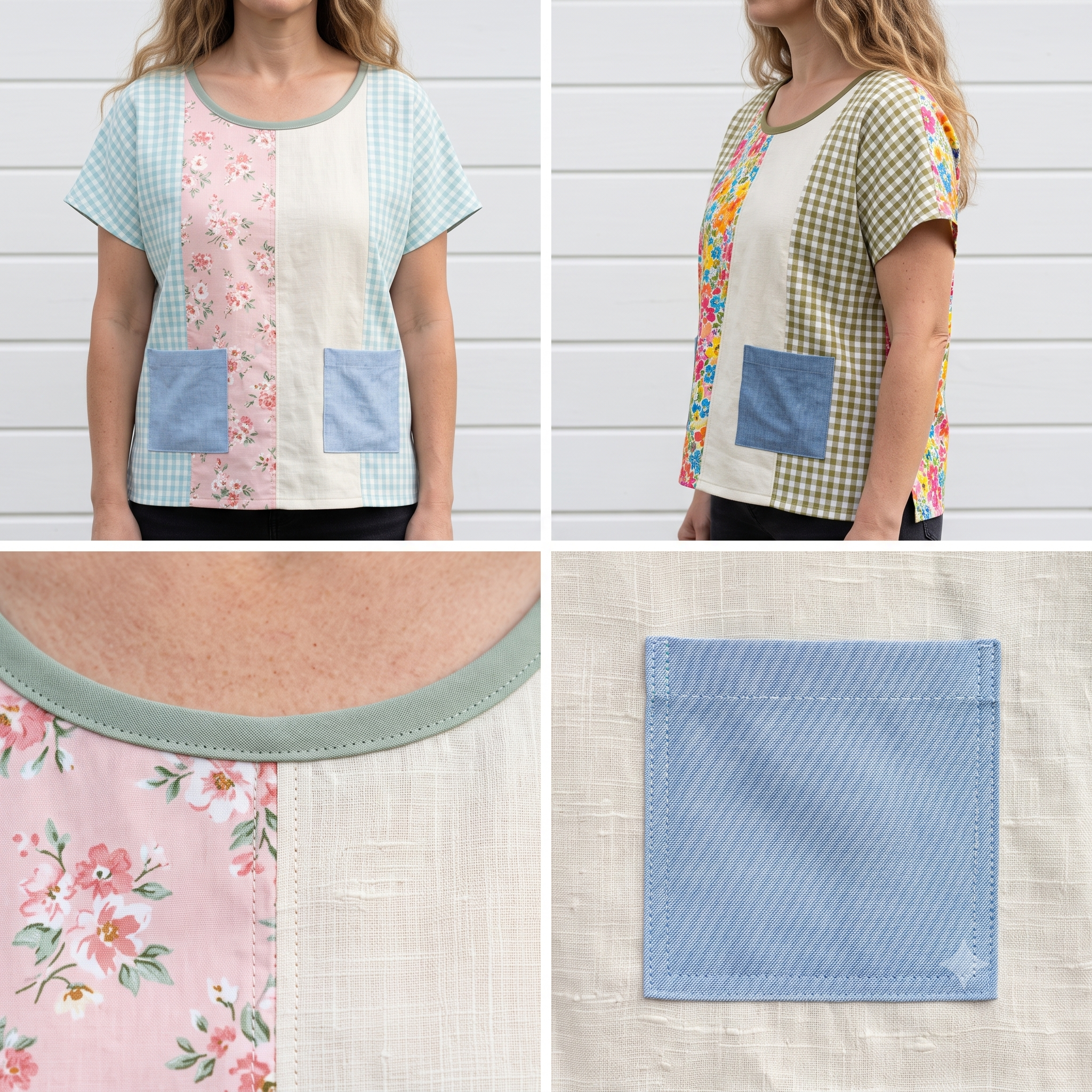 Scrap Buster Top Sewing Pattern PDF, Patchwork Panel Blouse with Pockets, Dolman Sleeve Top, Plus Size S-5XL, Instant Download