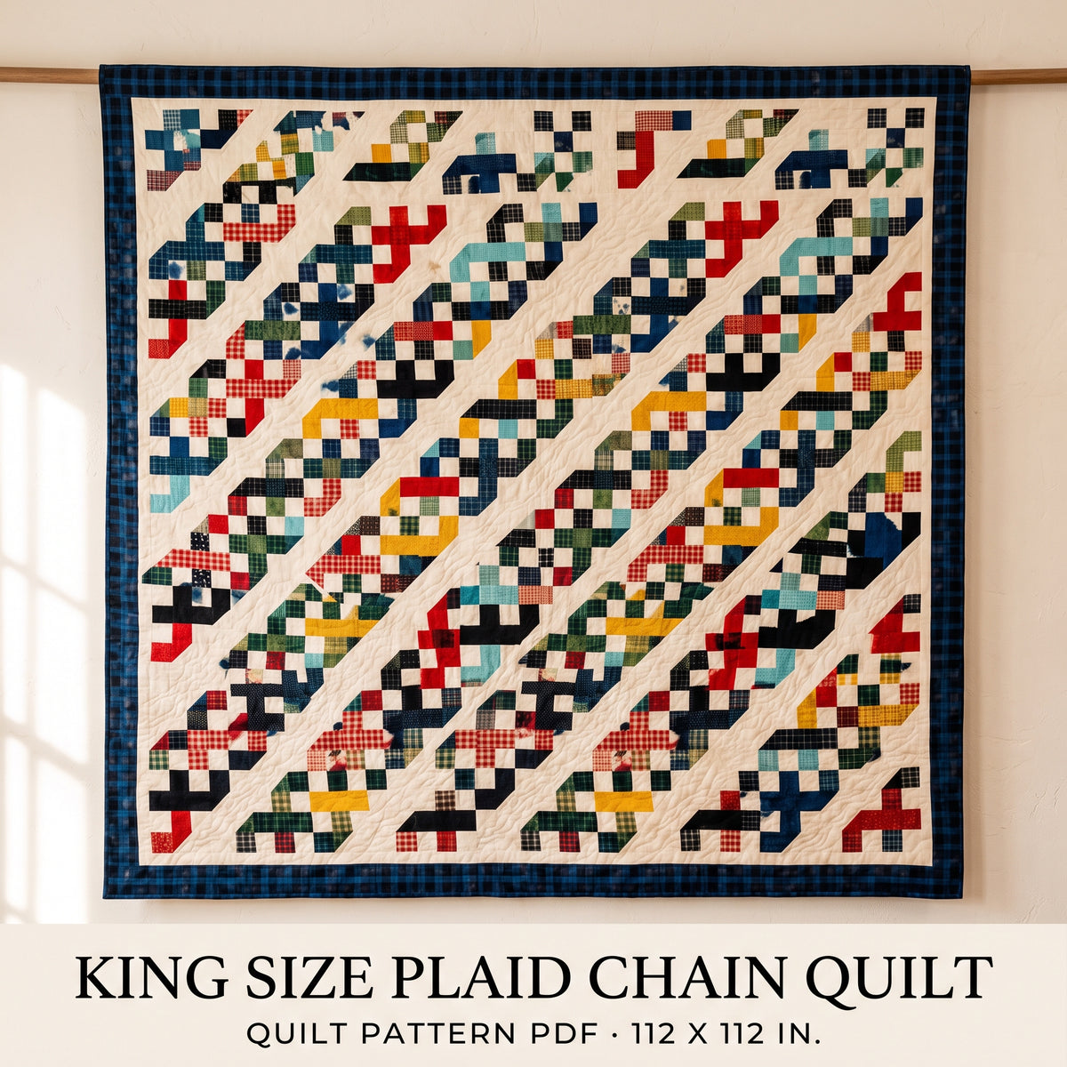Scrappy Plaid Chain Quilt Pattern PDF, King Size 112x112, Fat Quarter Friendly, Farmhouse Quilt Pattern