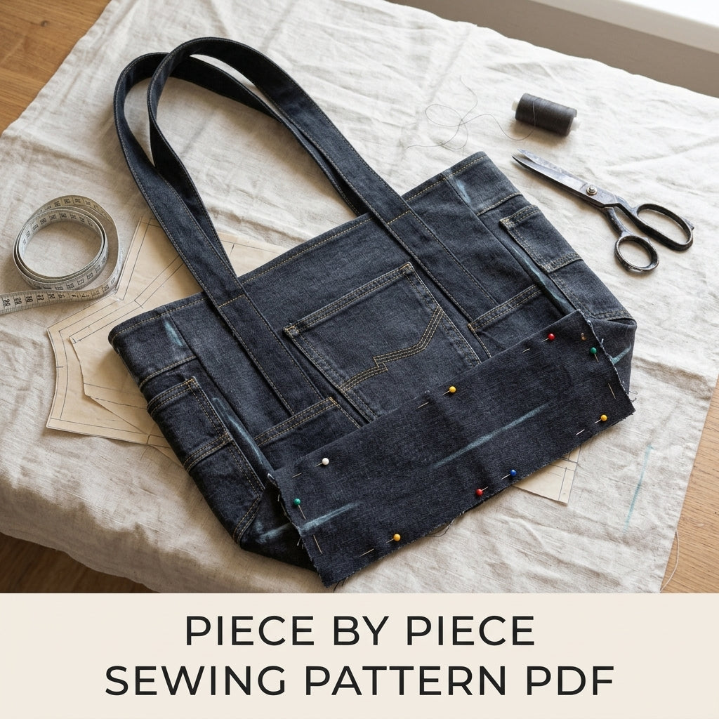 Black Denim Tote Sewing Pattern PDF – Upcycled Jeans Bag with Pockets