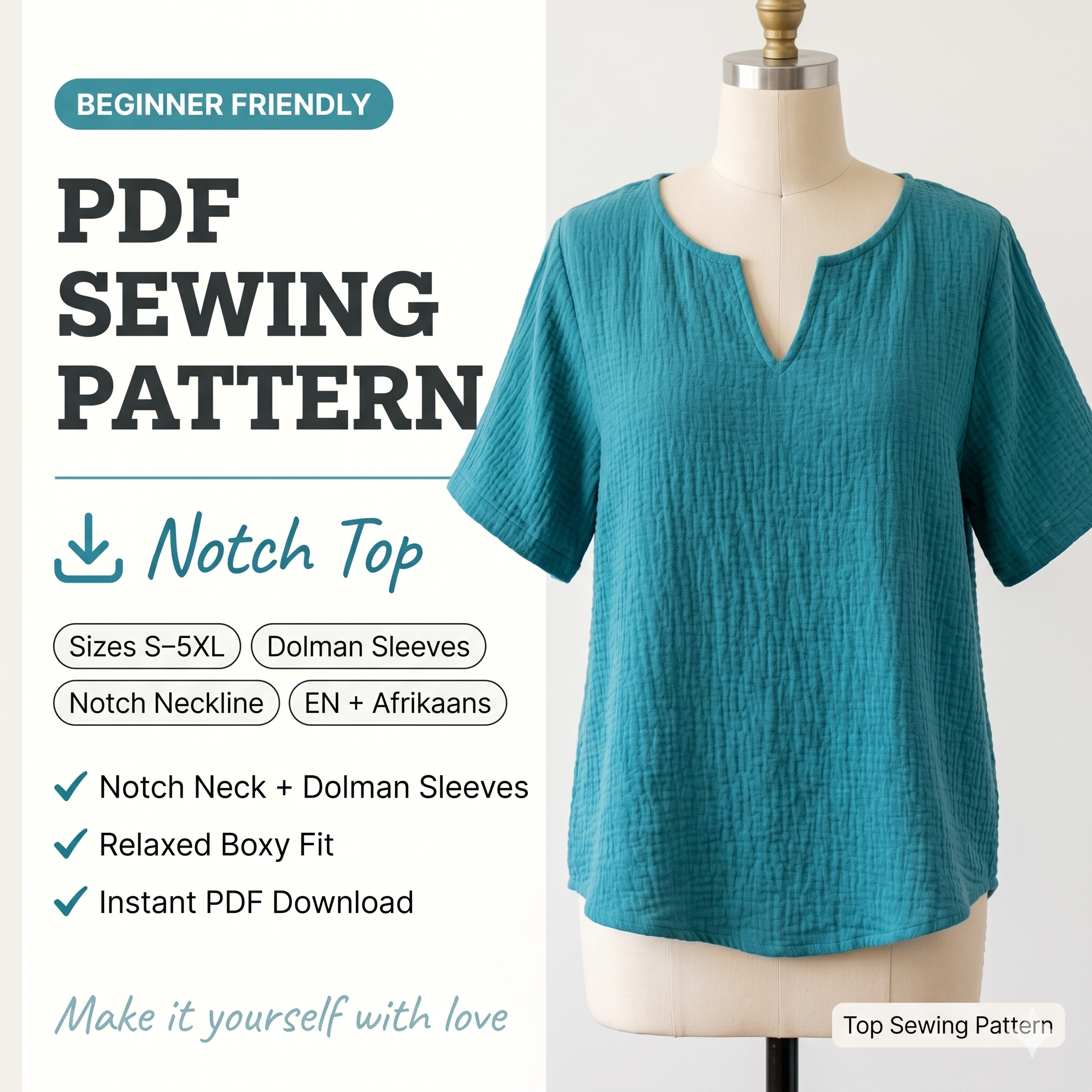 Simple Summer Notch Top, pdf Sewing Pattern, Beginner Friendly, sizes S-5XL, A4,A3,A0,Letter, English and Afrikaans instructions