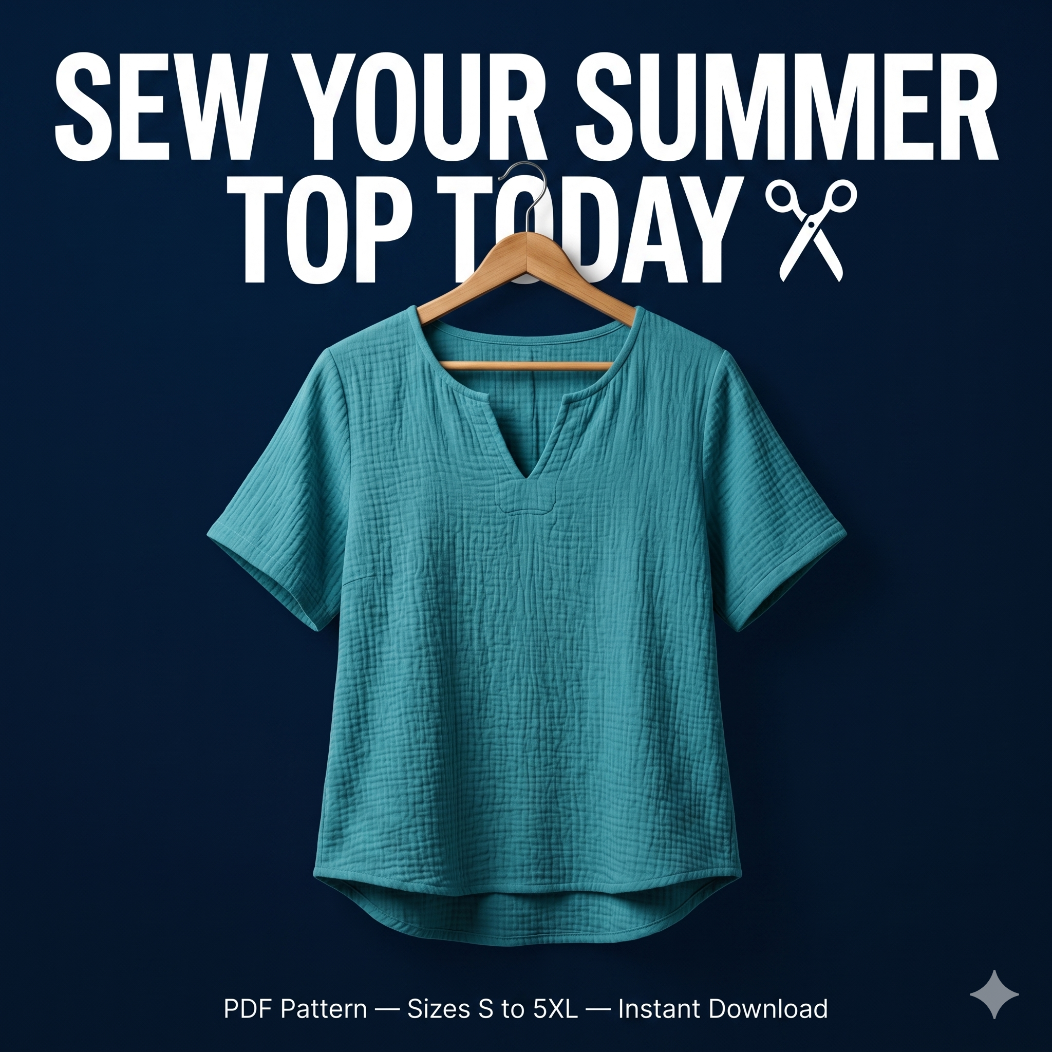 Simple Summer Notch Top, pdf Sewing Pattern, Beginner Friendly, sizes S-5XL, A4,A3,A0,Letter, English and Afrikaans instructions