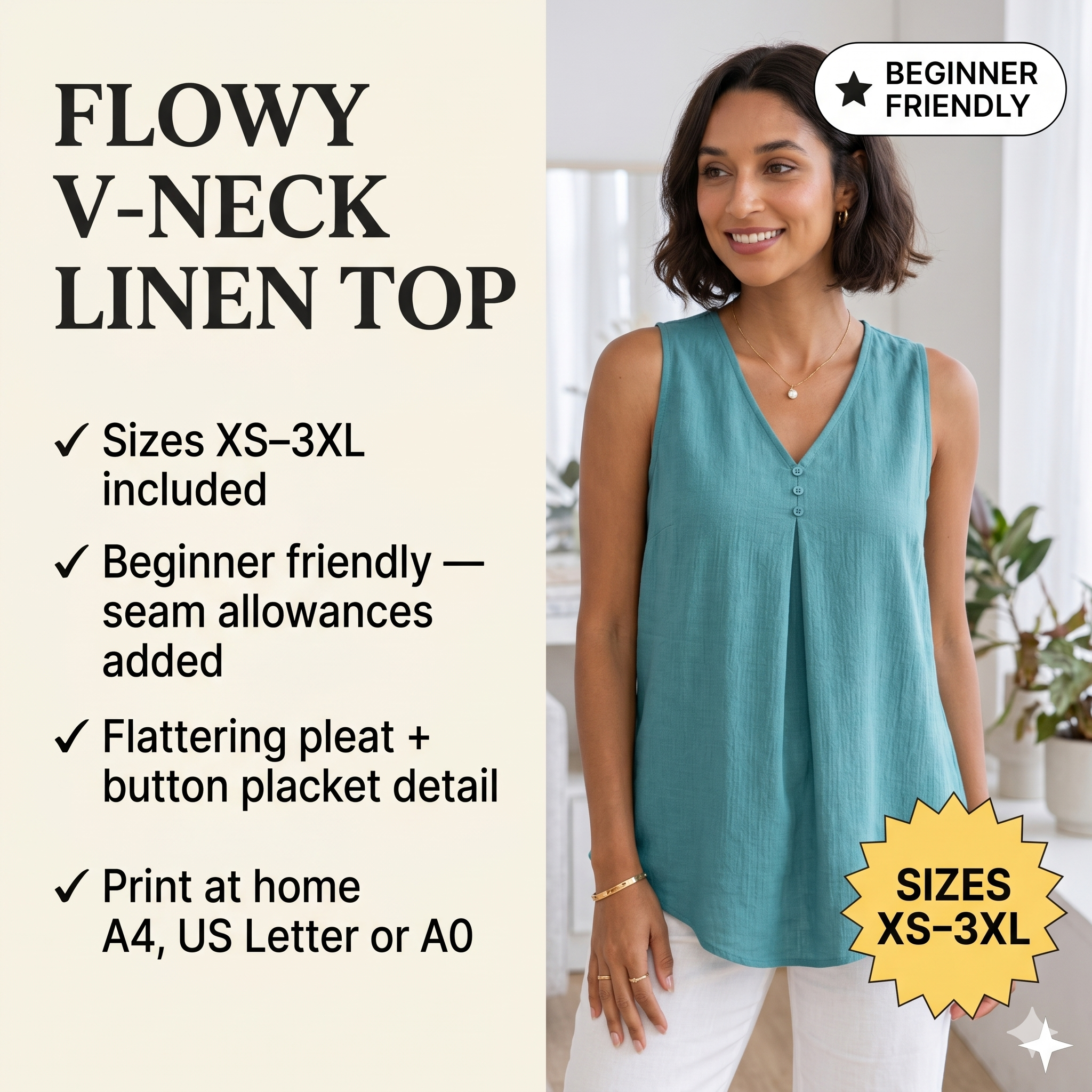 Linen Blouse Sewing PDF Pattern, Women V Neck Top Pdf, Easy Sleeveless Loose Fit Summer Shirt, Sizes XS-3XL, Beginner Friendly DIY Tutorial
