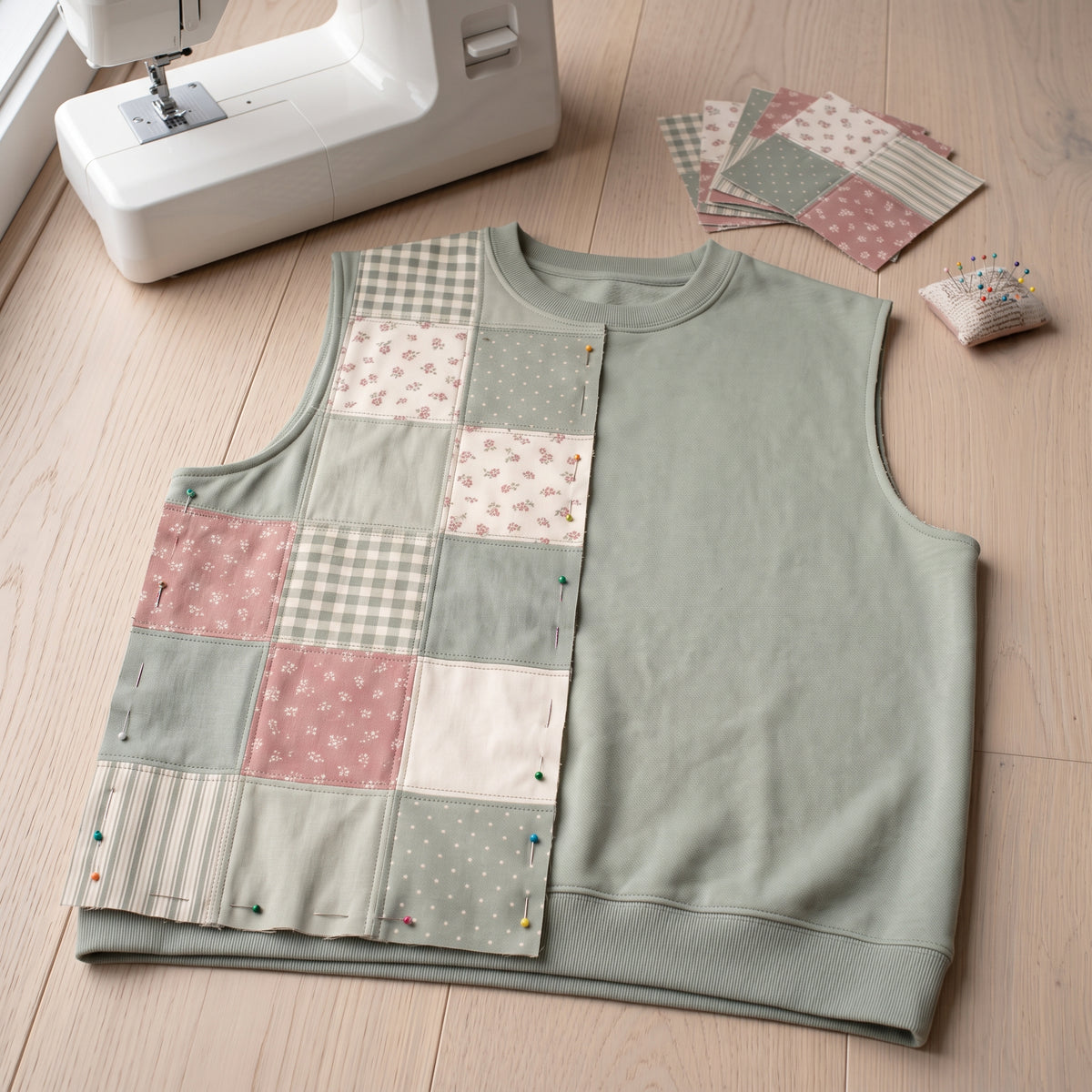Patchwork Sweatshirt Vest PDF Sewing Pattern, Sleeveless Quilted Vest Upcycle, One Charm Pack, Beginner Weekend Project, S–XXL