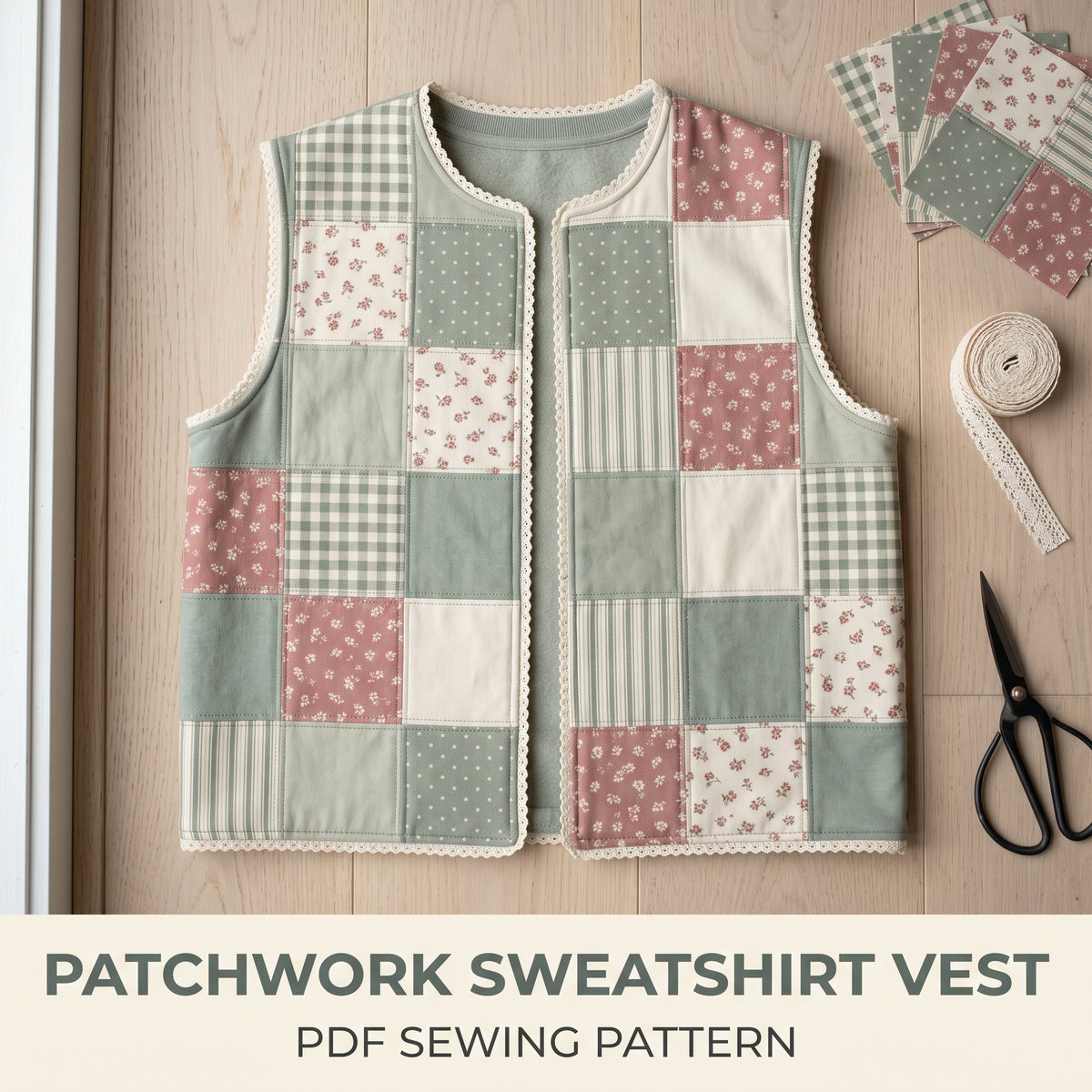 Patchwork Sweatshirt Vest PDF Sewing Pattern, Sleeveless Quilted Vest Upcycle, One Charm Pack, Beginner Weekend Project, S–XXL