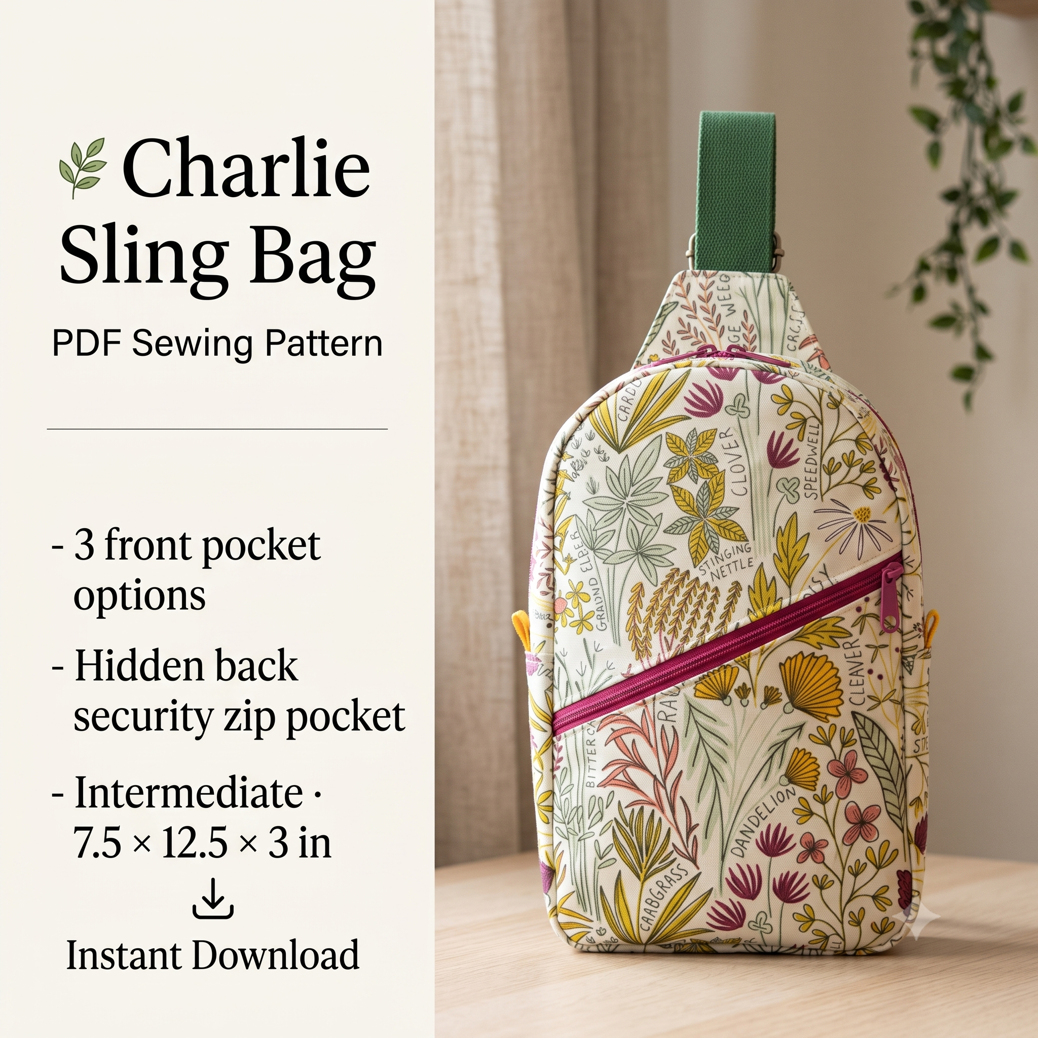 Sling Bag PDF Sewing Pattern, Crossbody Bag Pattern with 3 Pocket Options, Intermediate Bag Making Pattern, Instant Download