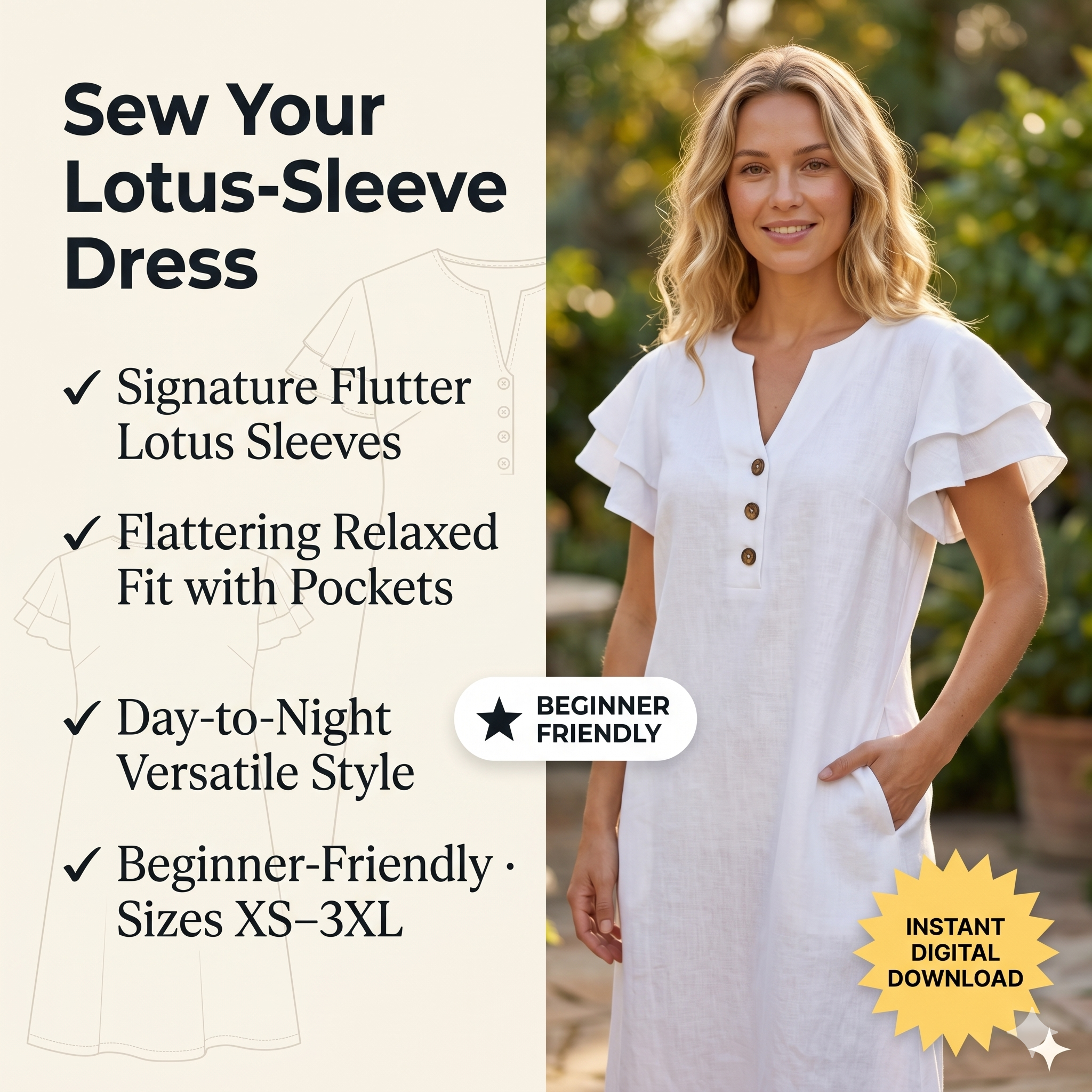 ✨ Sorella Ruffle Sleeve Midi Dress – Instant Download PDF Sewing Pattern