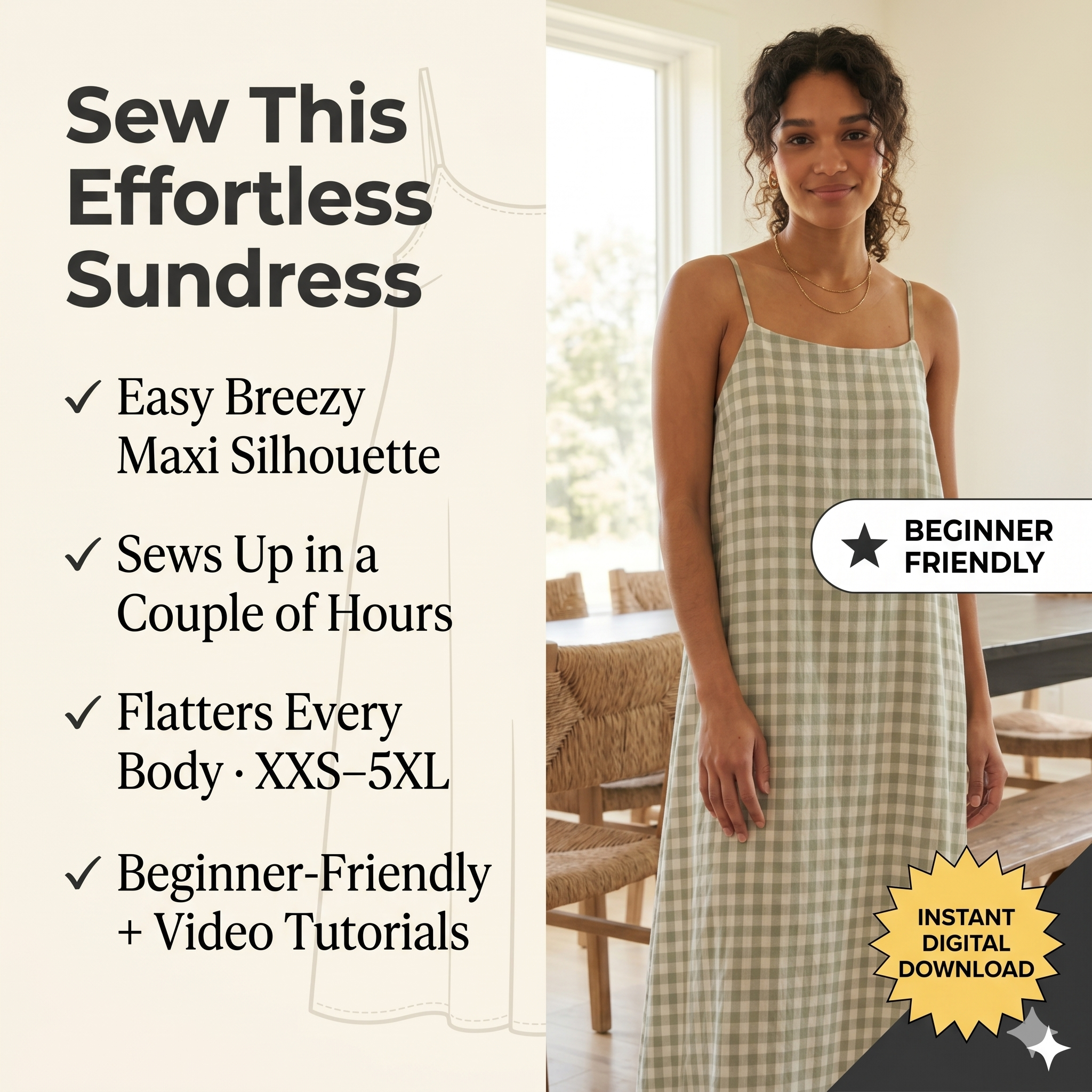 Spaghetti Strap Dress Sewing Pattern: Women’s A-Line Tent Sundress (PDF Download, XXS-5XL)