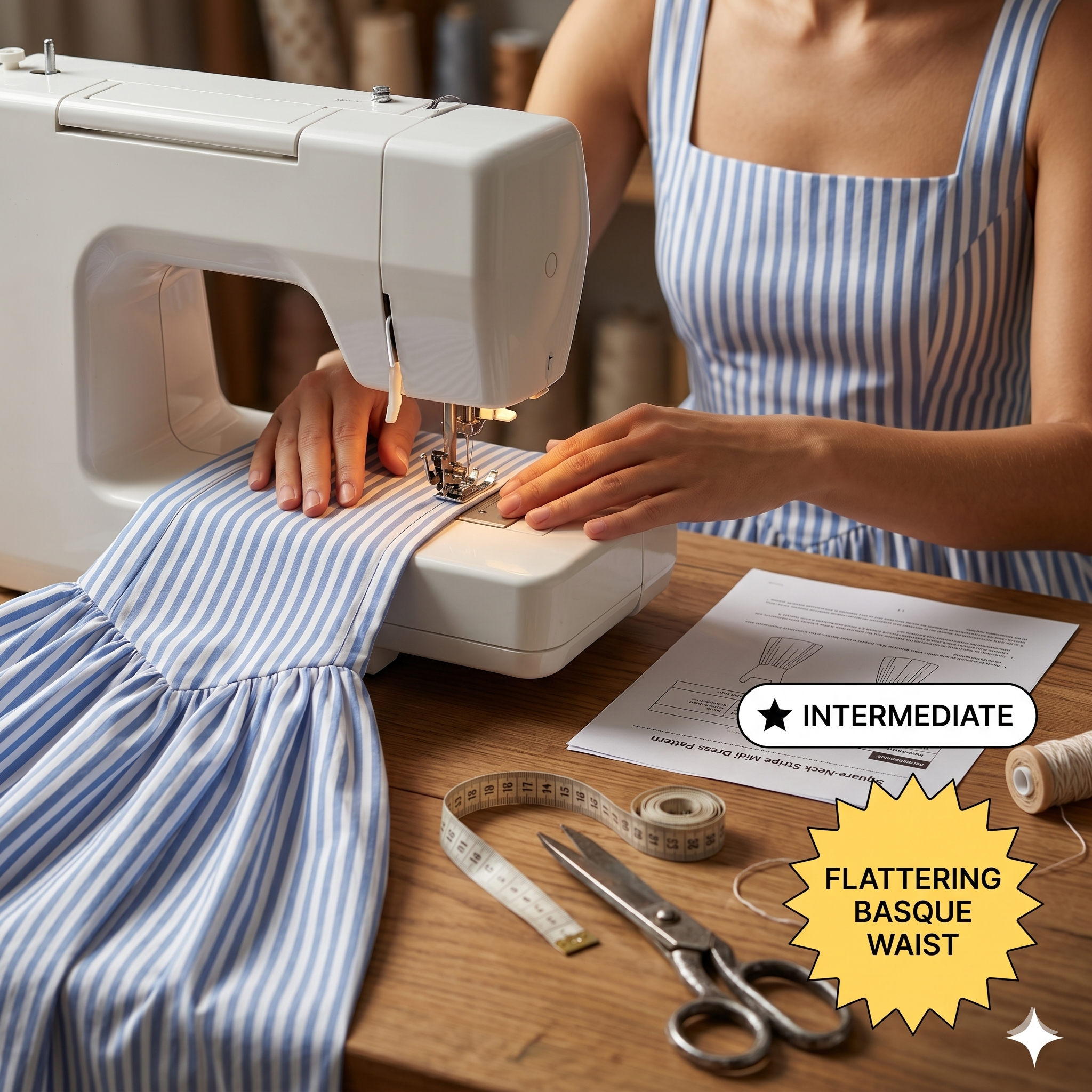 Square Neck Striped Midi Dress – Instant Download PDF Sewing Pattern
