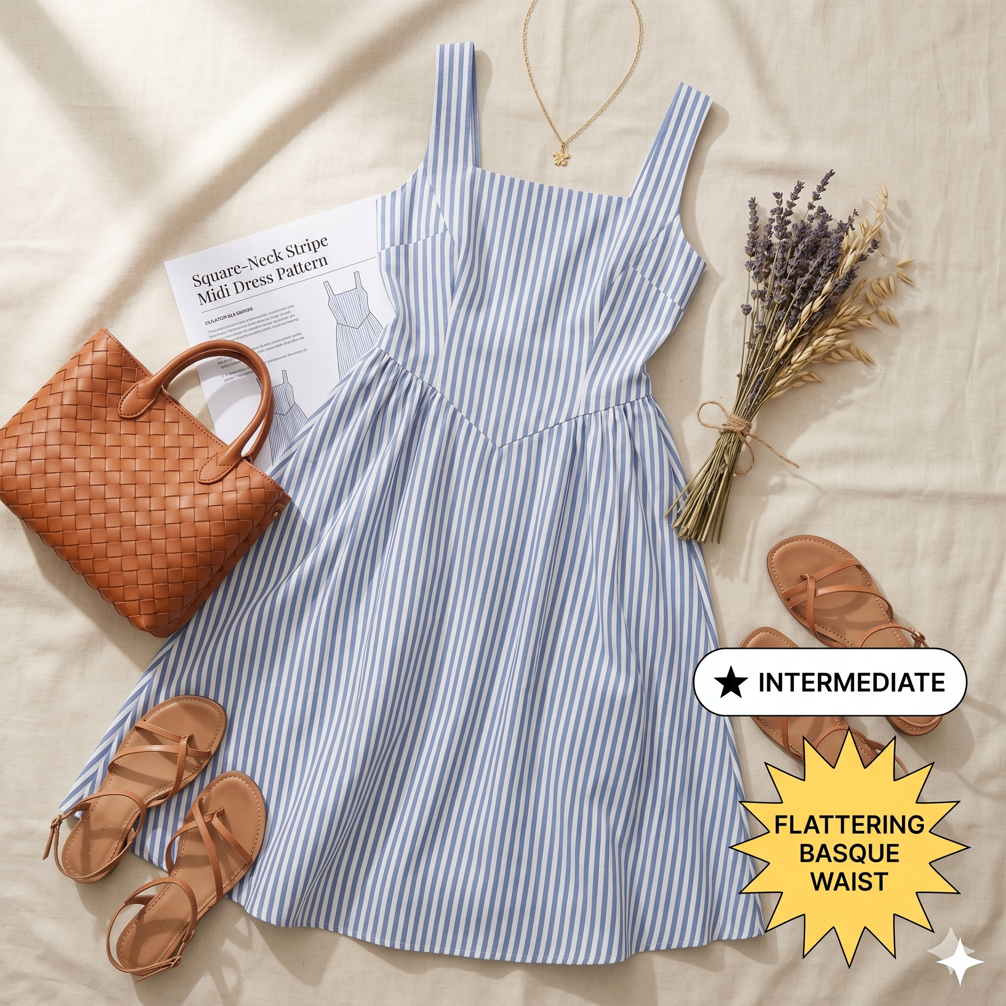 Square Neck Striped Midi Dress – Instant Download PDF Sewing Pattern