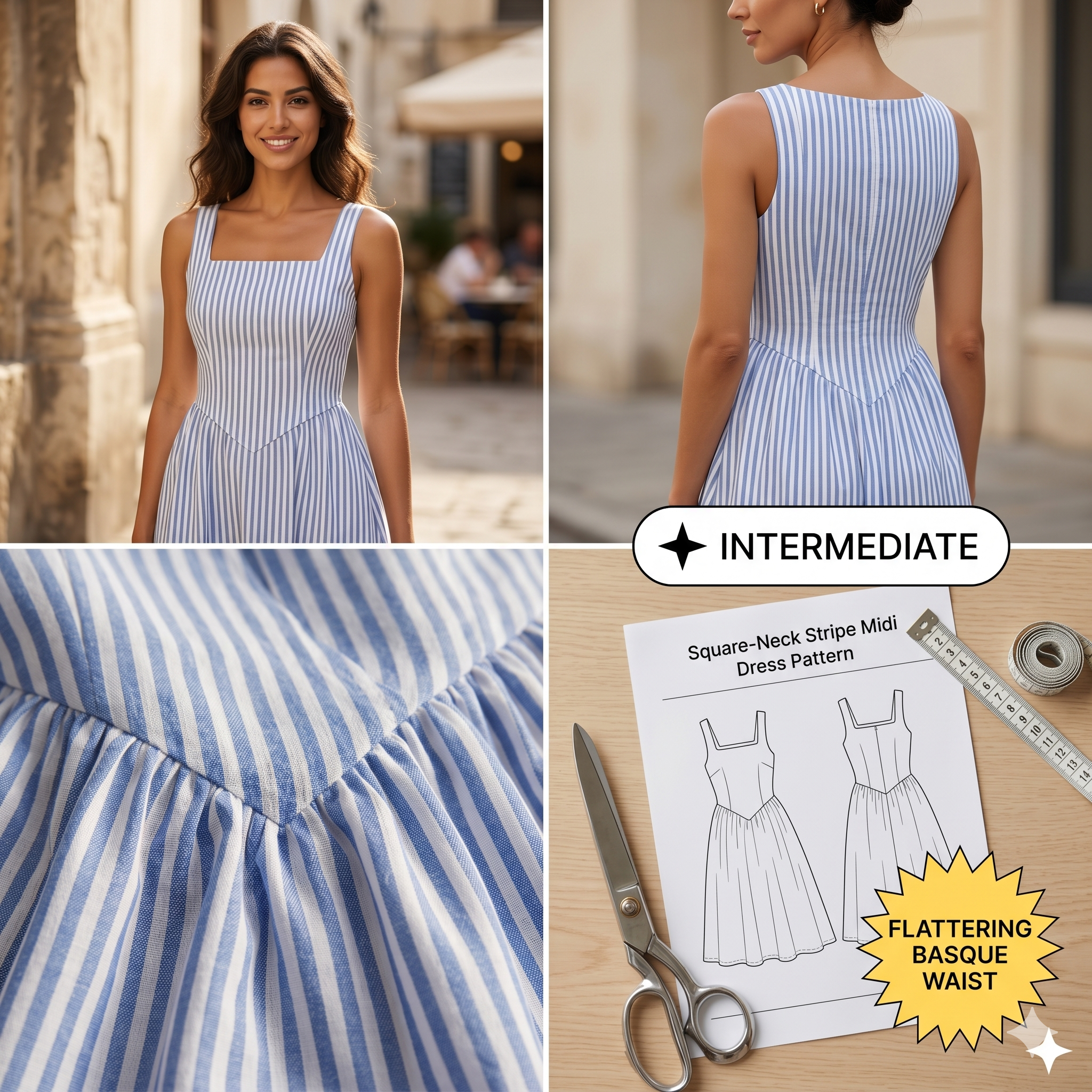 Square Neck Striped Midi Dress – Instant Download PDF Sewing Pattern
