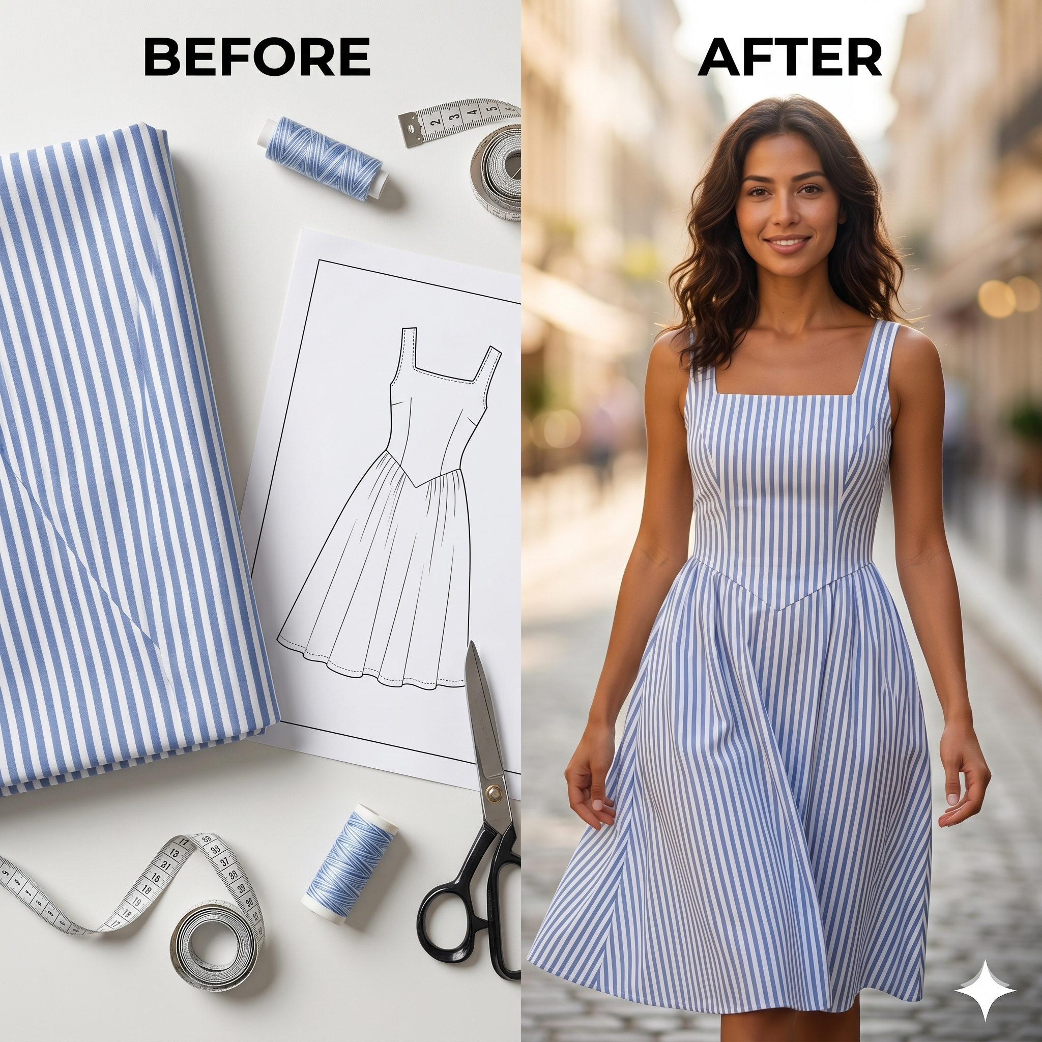 Square Neck Striped Midi Dress – Instant Download PDF Sewing Pattern