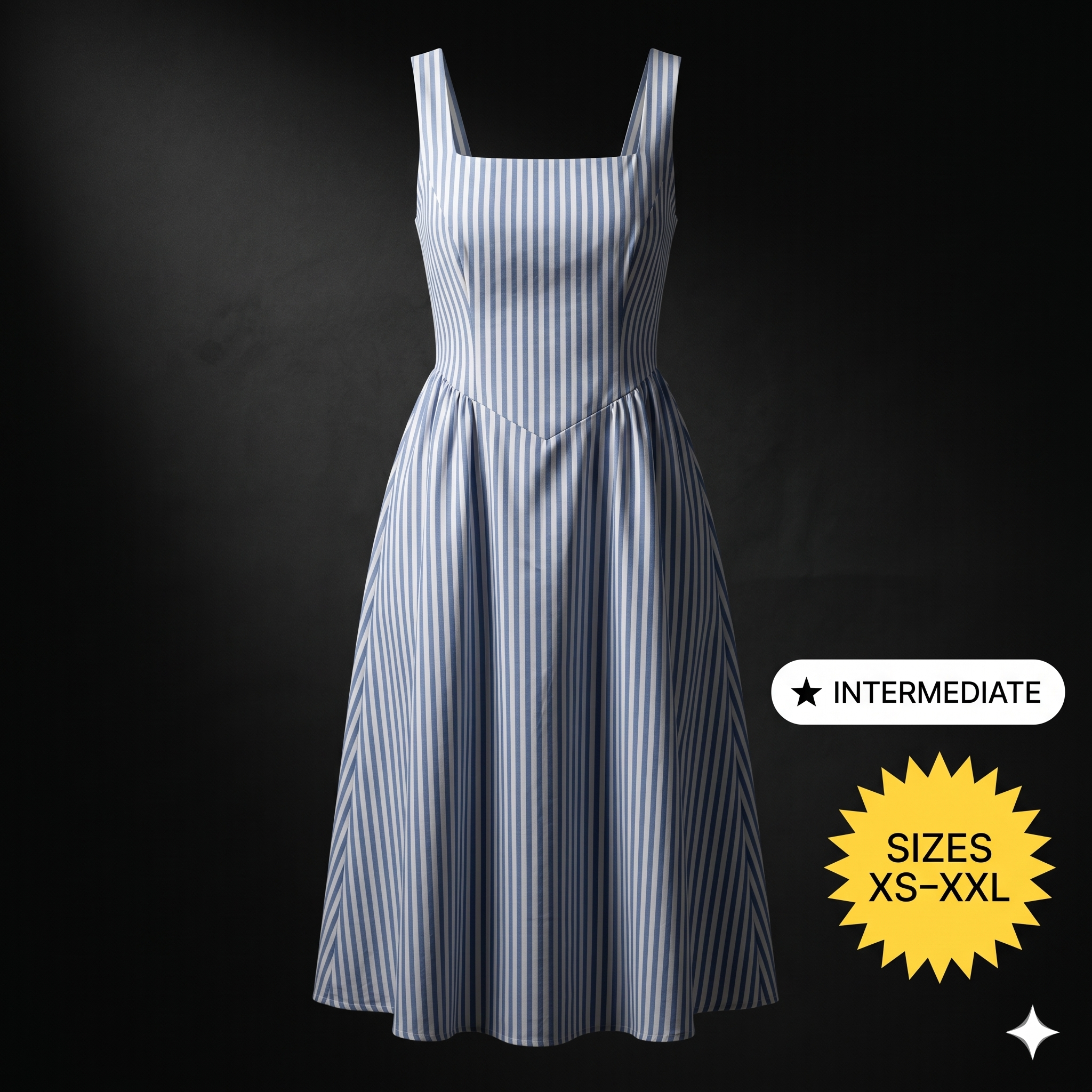 Square Neck Striped Midi Dress – Instant Download PDF Sewing Pattern