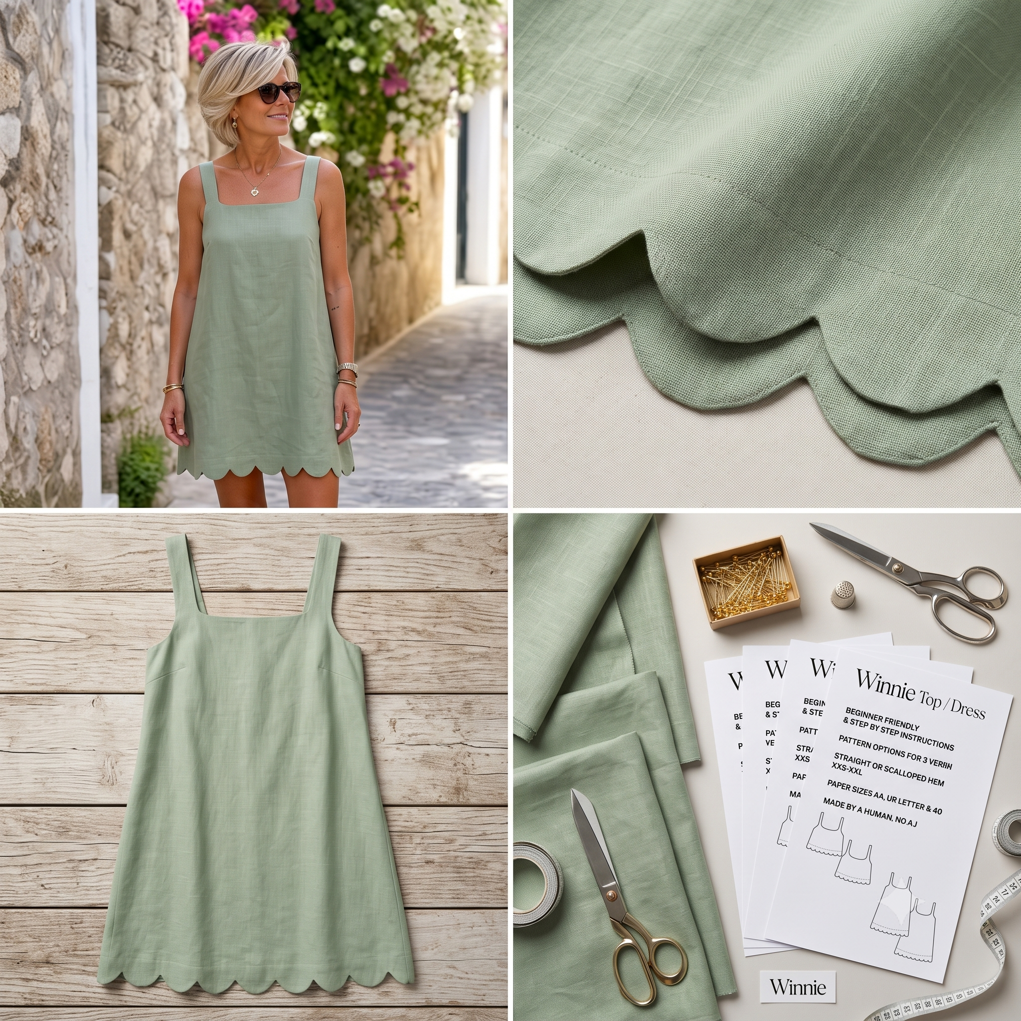 Square Neck Dress PDF Sewing Pattern: Linen Sundress, Saclloped hem (Sizes XXS-XXL)