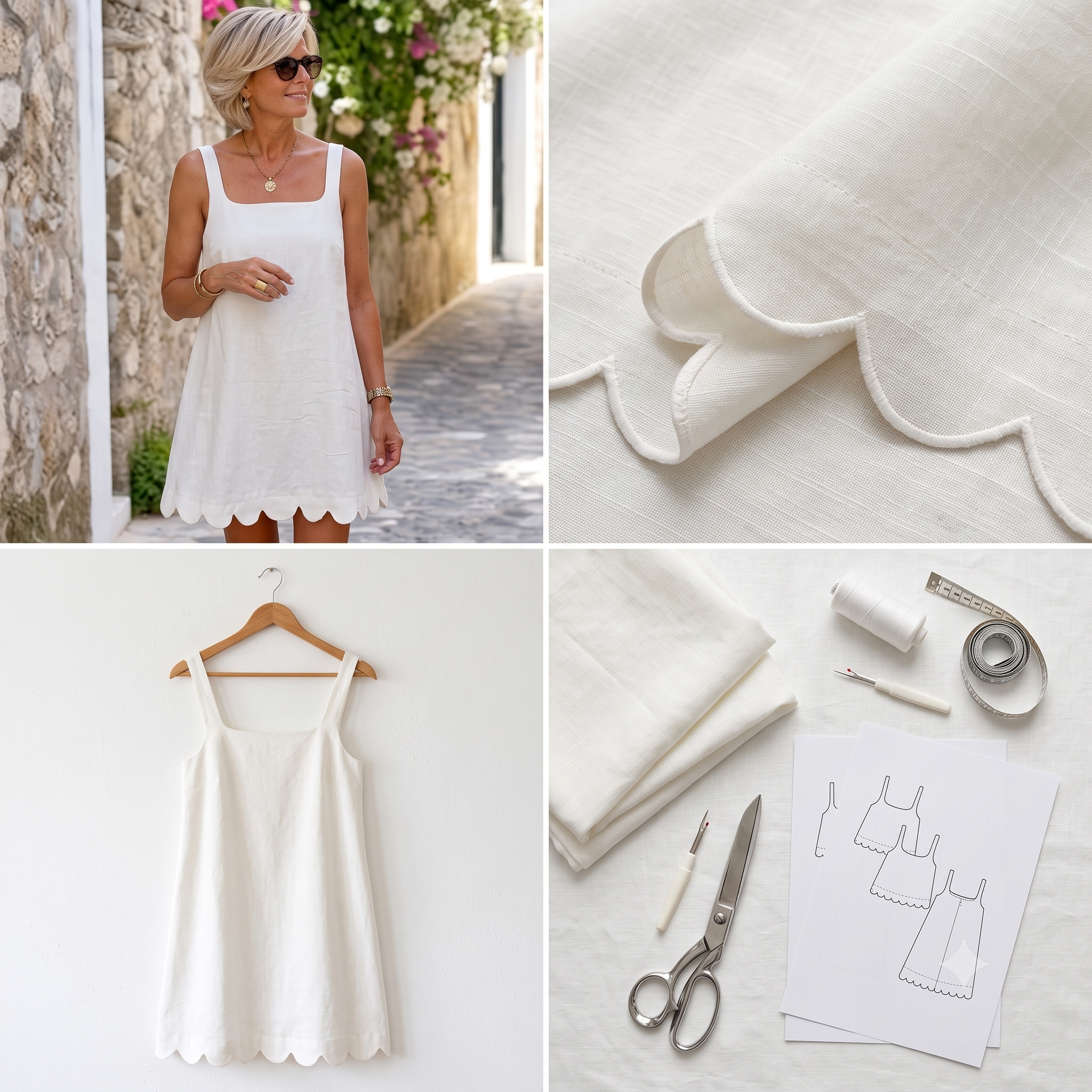 Square Neck Dress PDF Sewing Pattern: Linen Sundress, Saclloped hem (Sizes XXS-XXL)