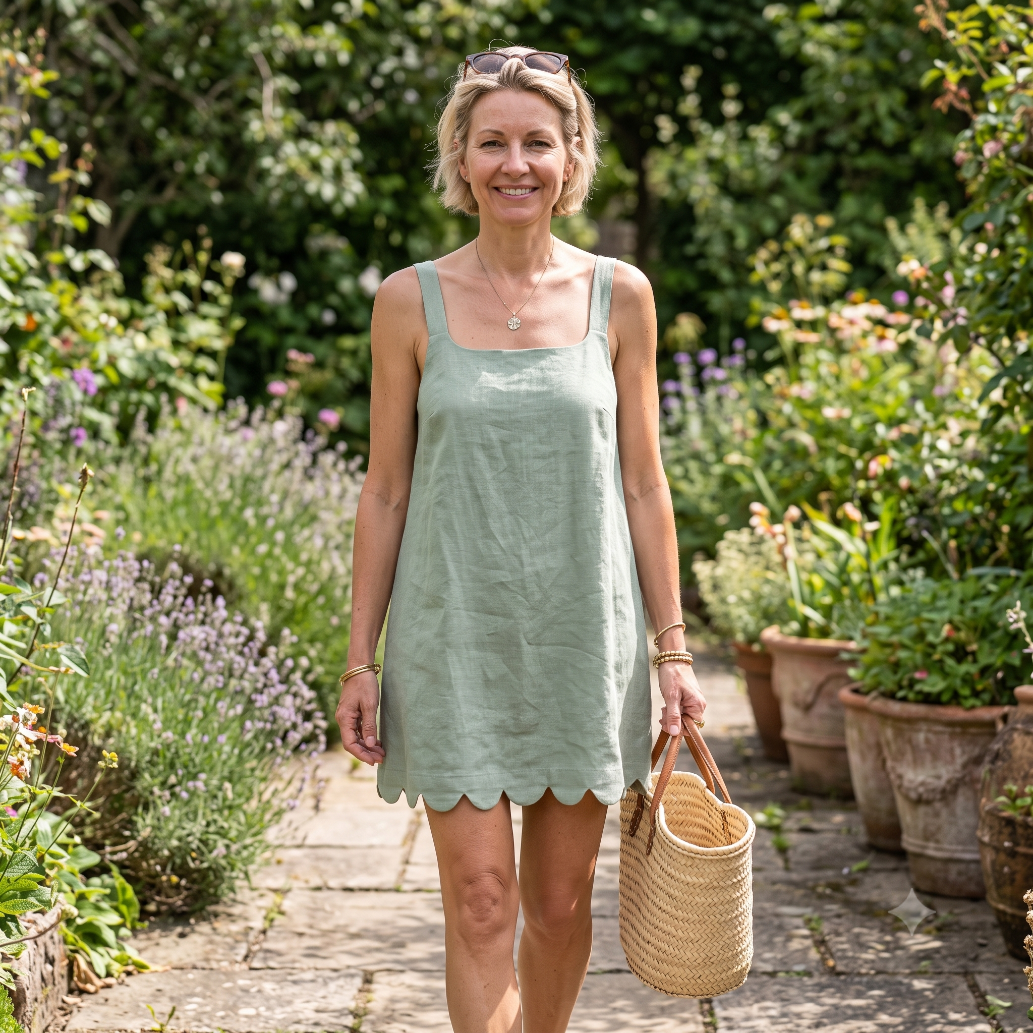 Square Neck Dress PDF Sewing Pattern: Linen Sundress, Saclloped hem (Sizes XXS-XXL)