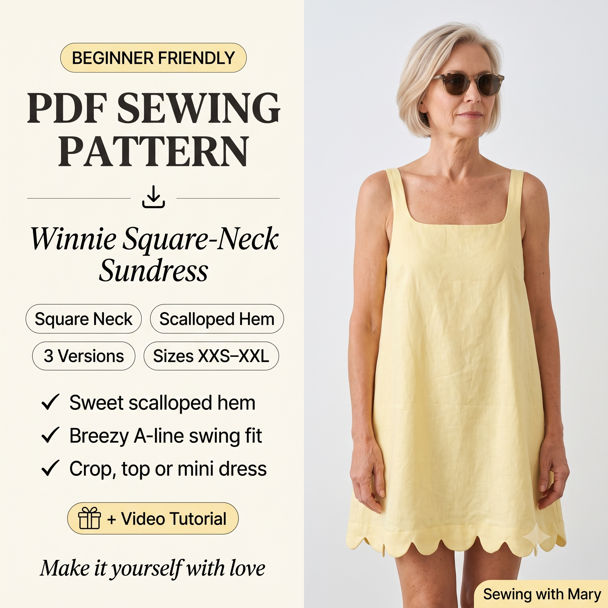 Square Neck Dress PDF Sewing Pattern: Linen Sundress, Saclloped hem (Sizes XXS-XXL)