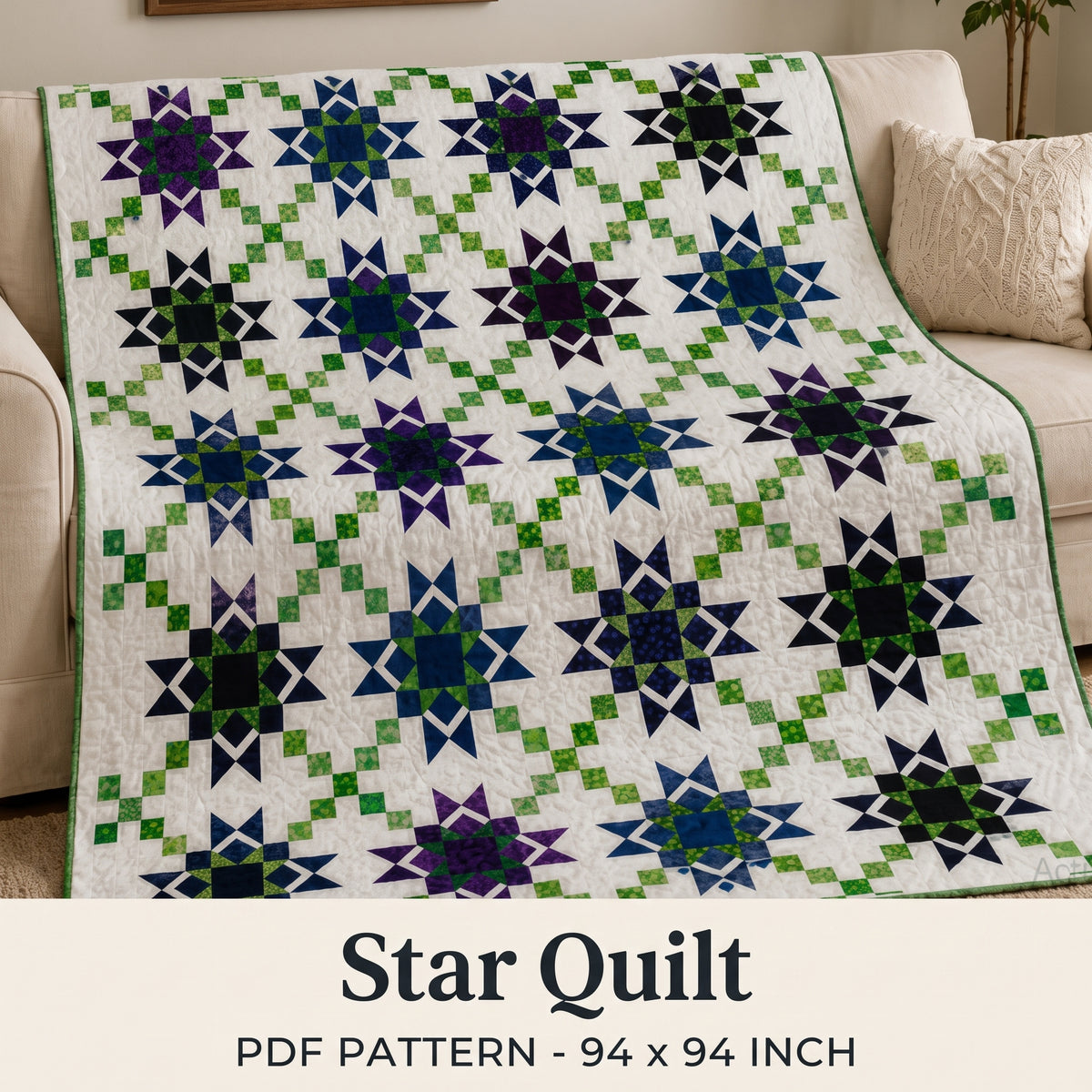 Star Quilt Pattern PDF, 94 Inch Square Bed Quilt, Pieced Stars